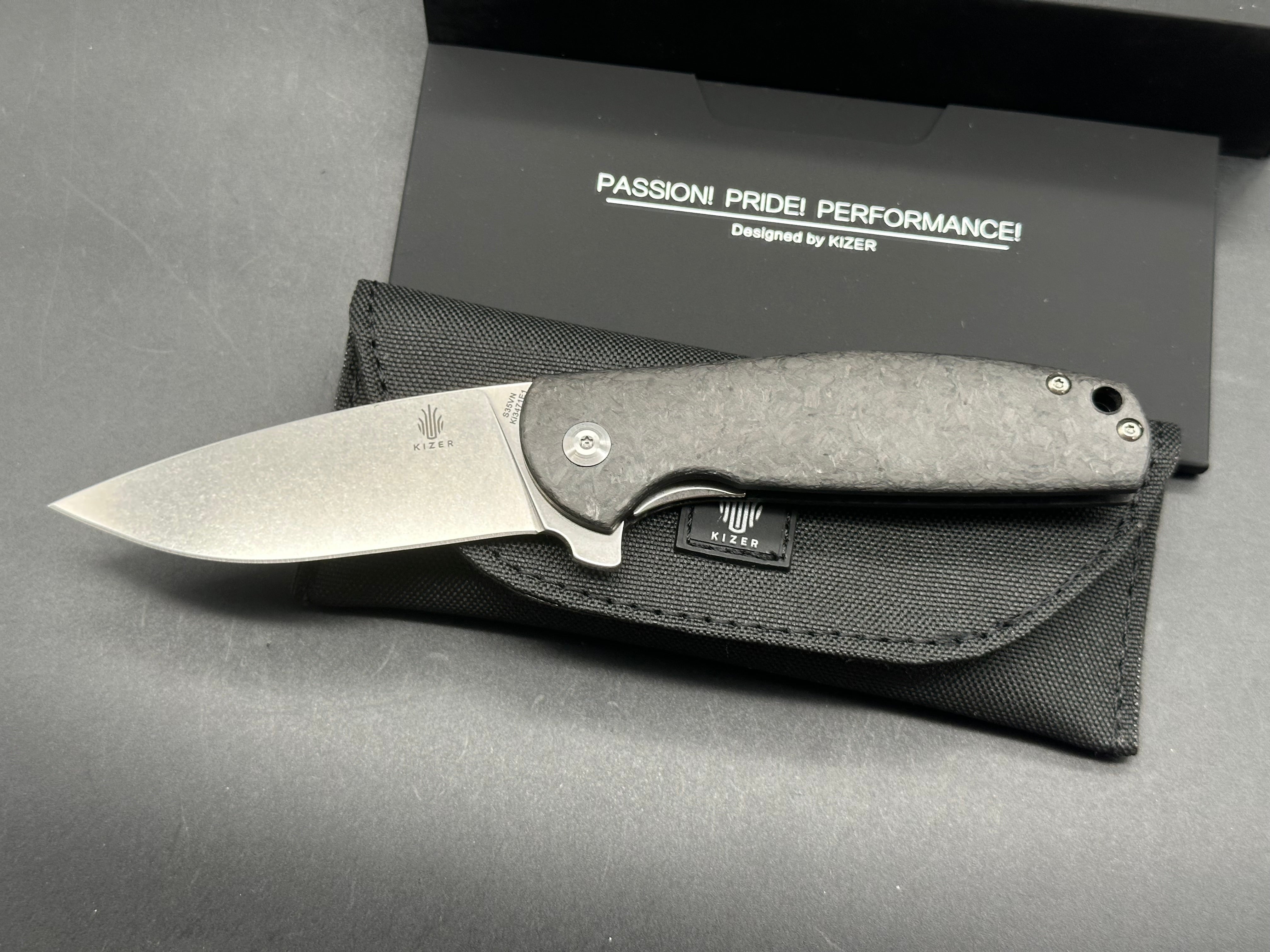 Kizer Gemini Blade HQ Exclusive #0209  Stonewashed CPM-S35VN Blade, Marbled Carbon Fiber Handles