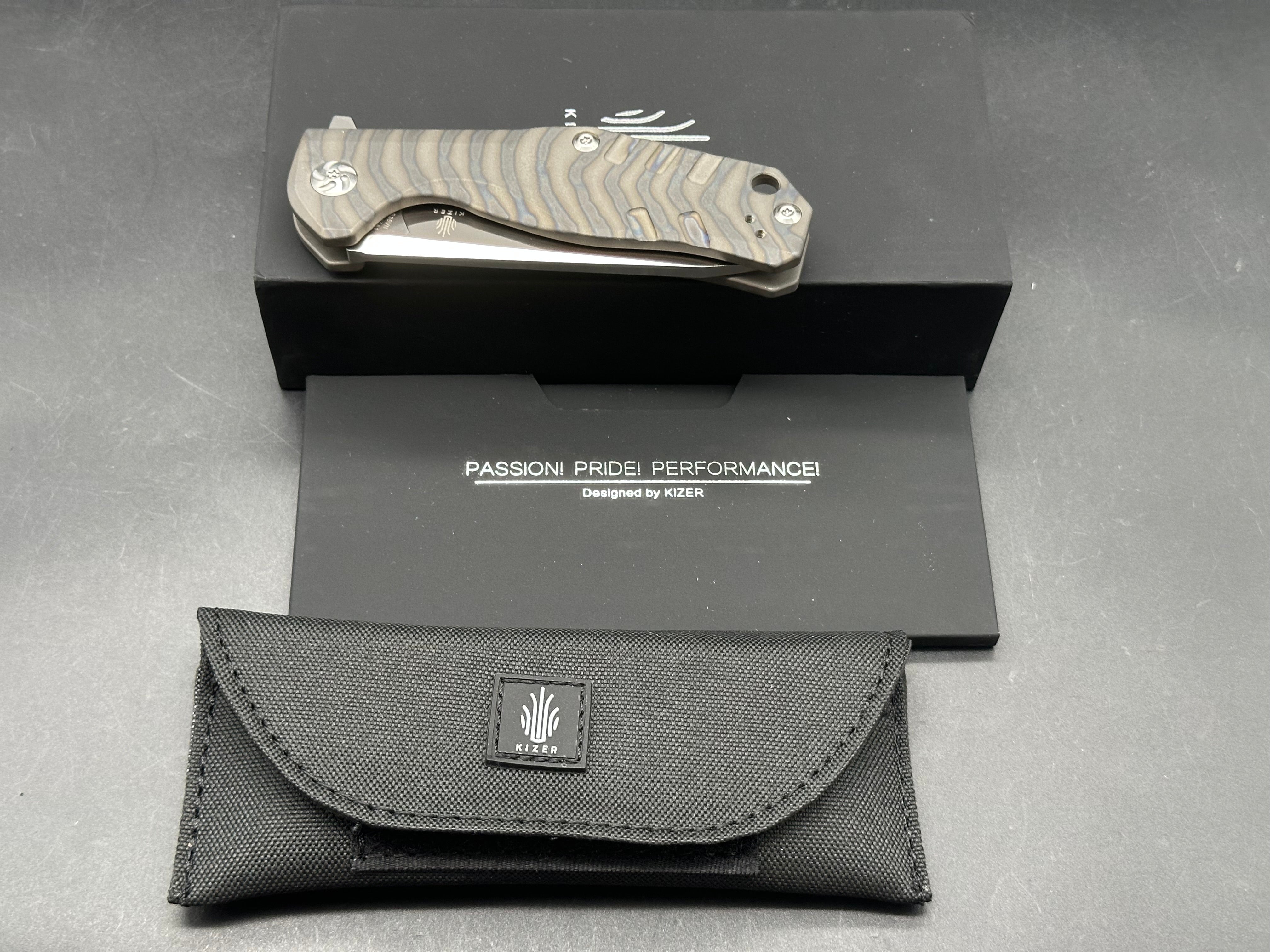 Kizer Kesmec Satin CPM-S35VN Blade, Flame Anodized Titanium Handles, Bead Blasted Titanium Pocket Clip