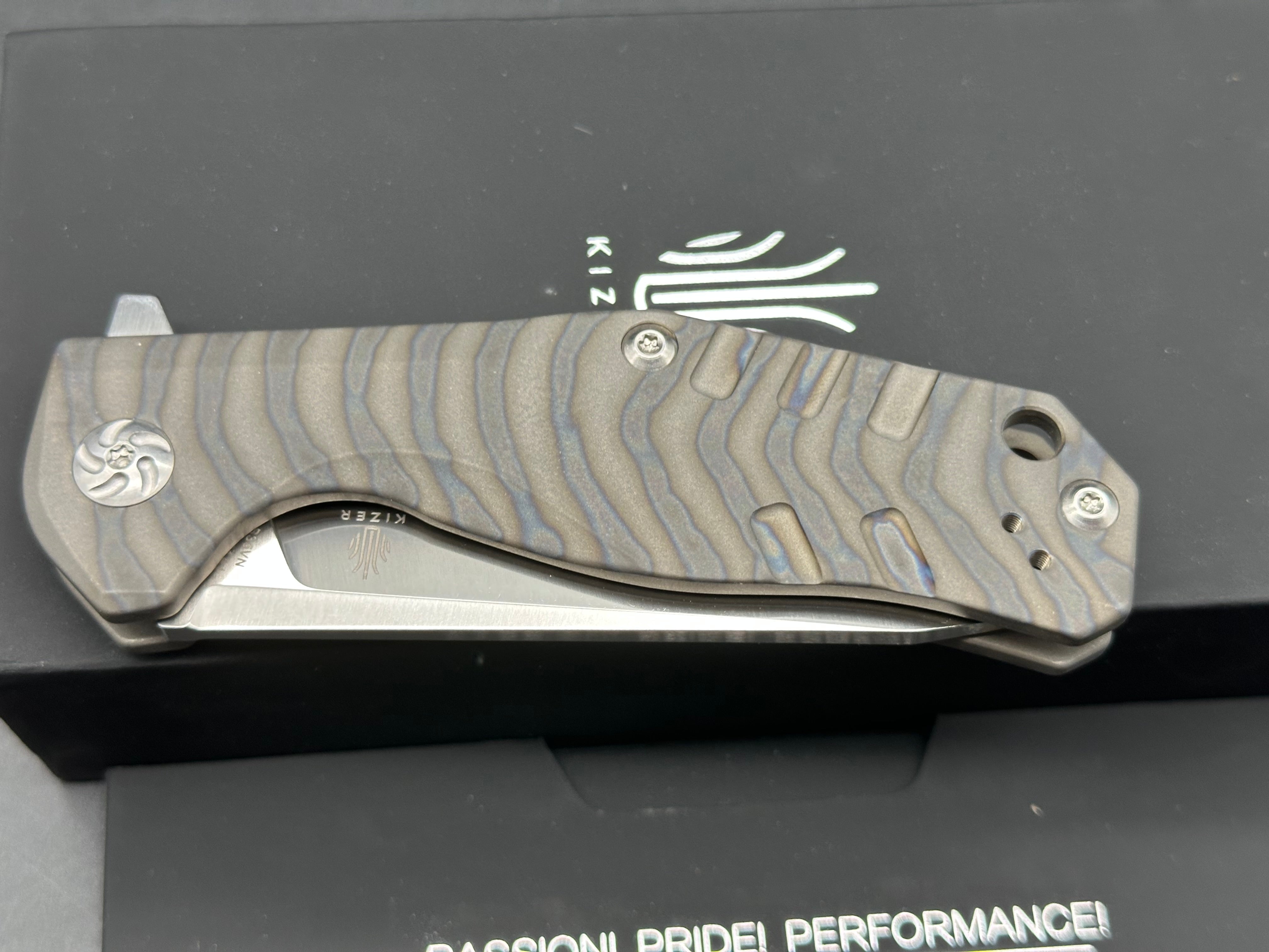 Kizer Kesmec Satin CPM-S35VN Blade, Flame Anodized Titanium Handles, Bead Blasted Titanium Pocket Clip