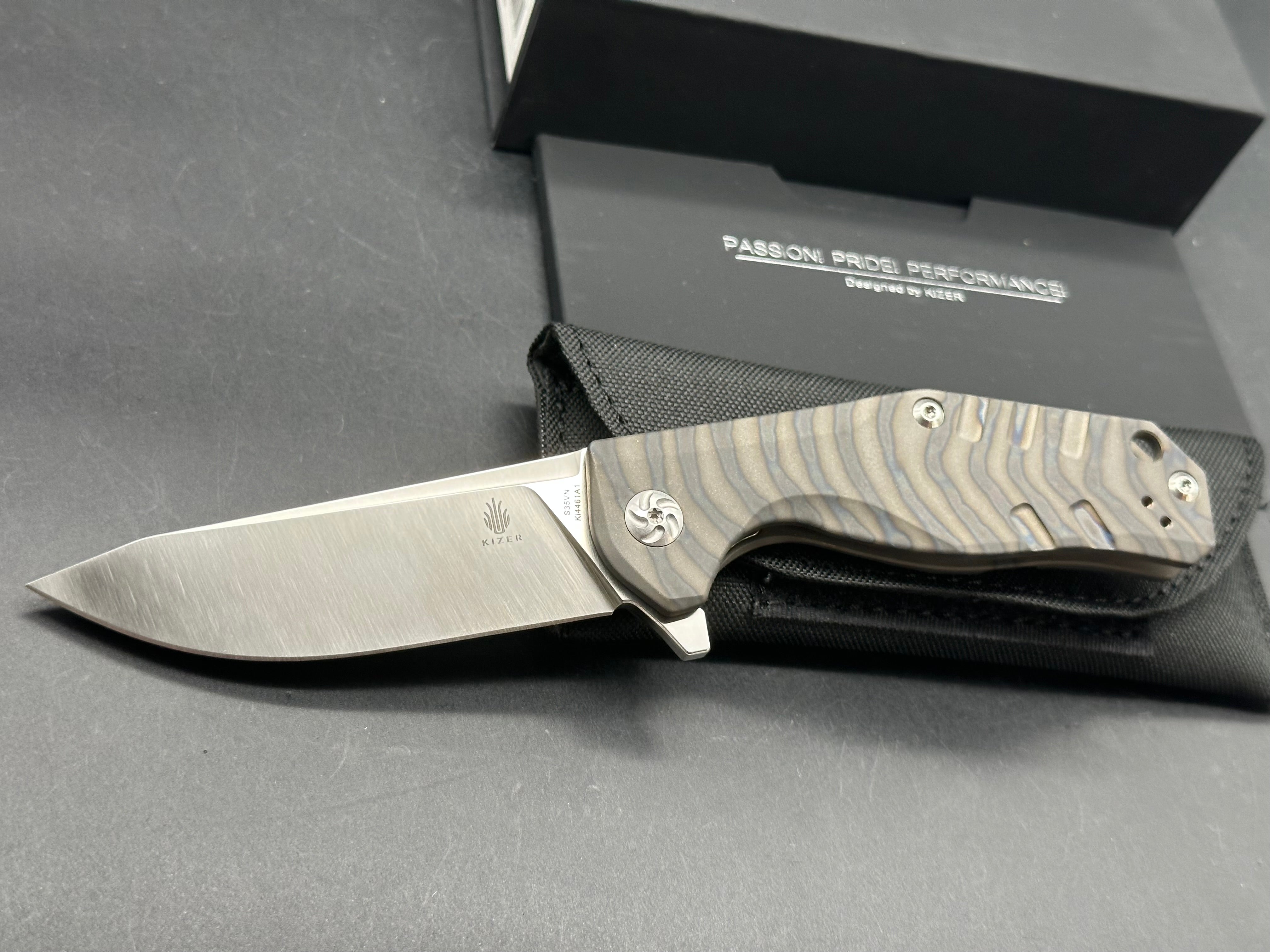 Kizer Kesmec Satin CPM-S35VN Blade, Flame Anodized Titanium Handles, Bead Blasted Titanium Pocket Clip