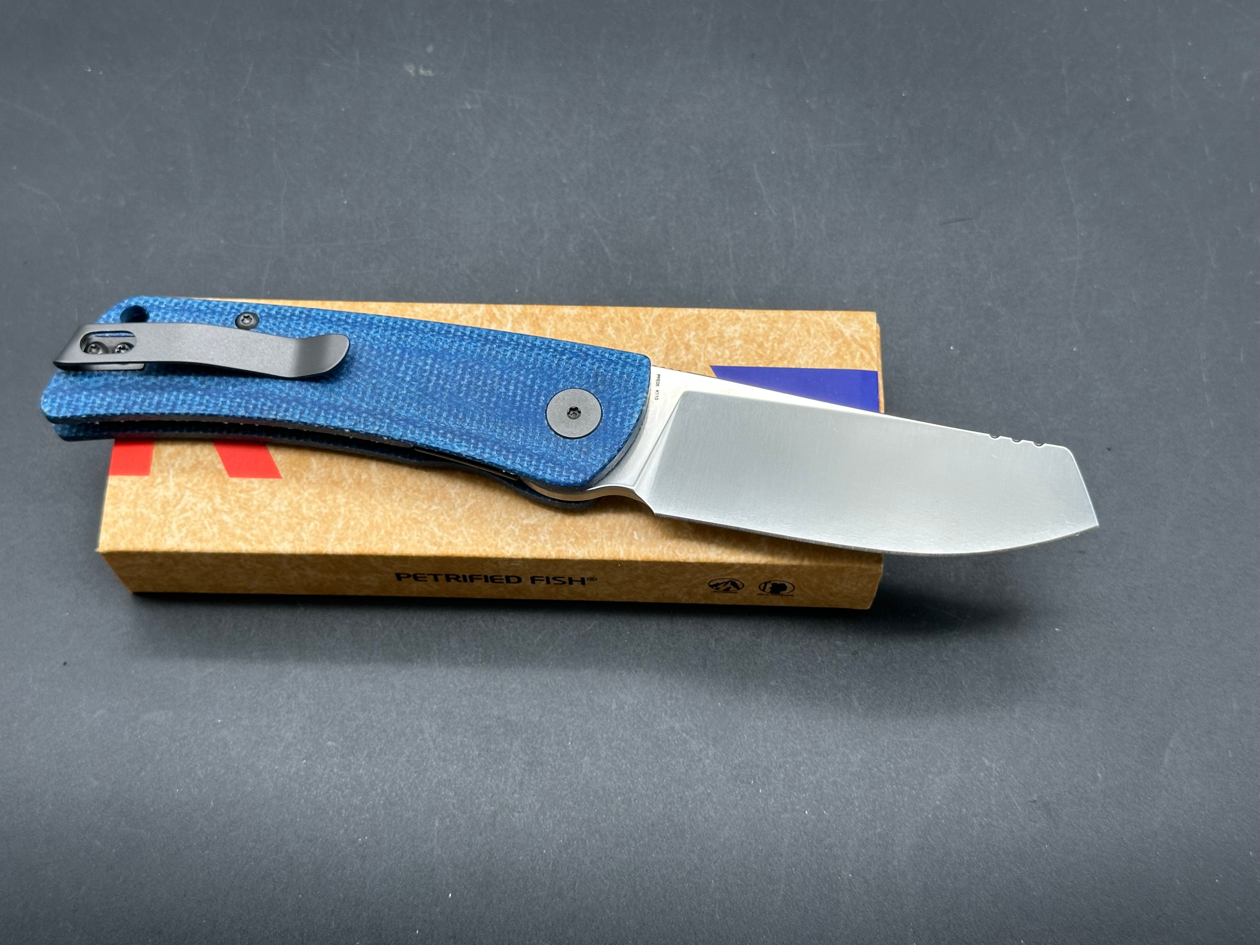 Petrified Fish PFE05 Flavorist K110 Blade Blue Micarta Handle