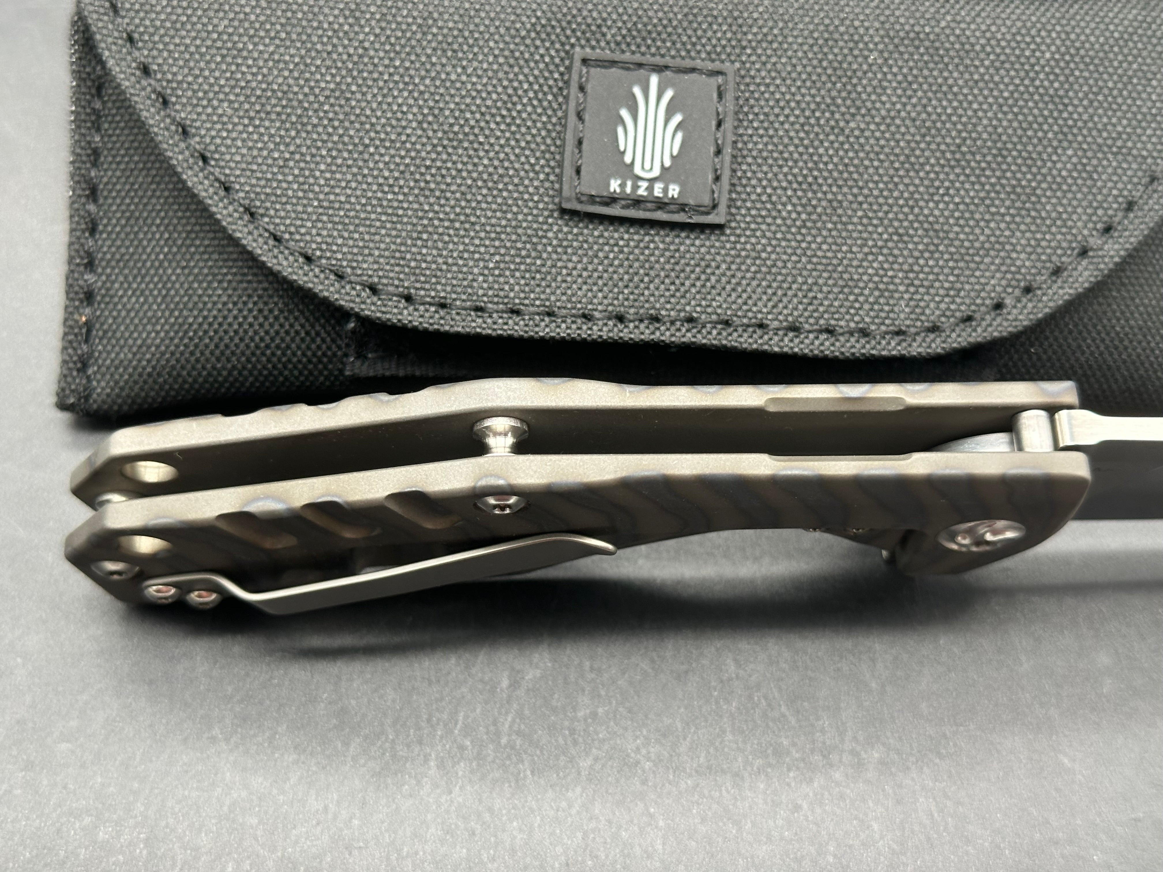 Kizer Kesmec Satin CPM-S35VN Blade, Flame Anodized Titanium Handles, Bead Blasted Titanium Pocket Clip