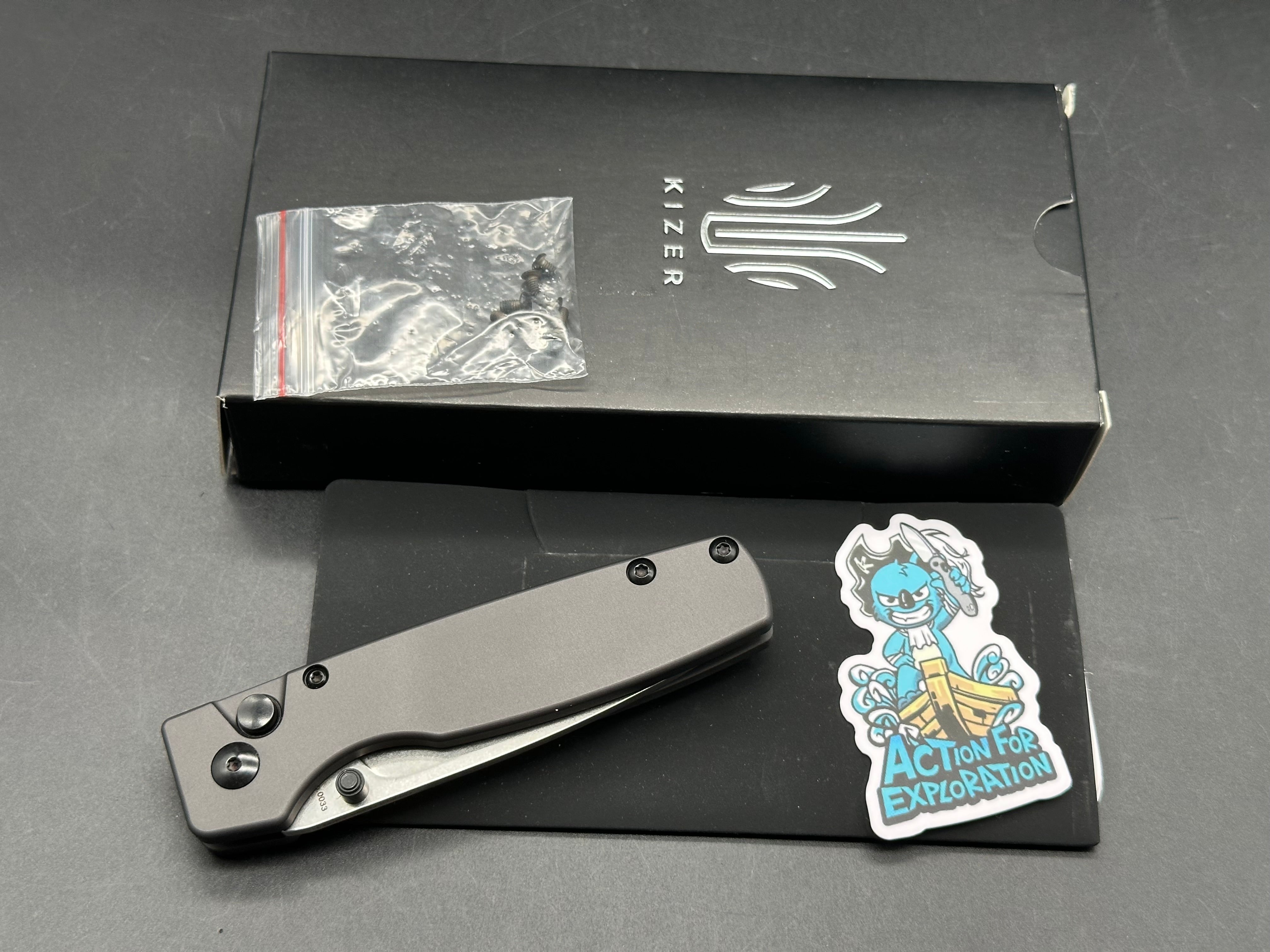 Kizer Original XL #0033 Stonewashed 154CM Blade, Gunmetal Gray Aluminum Handles