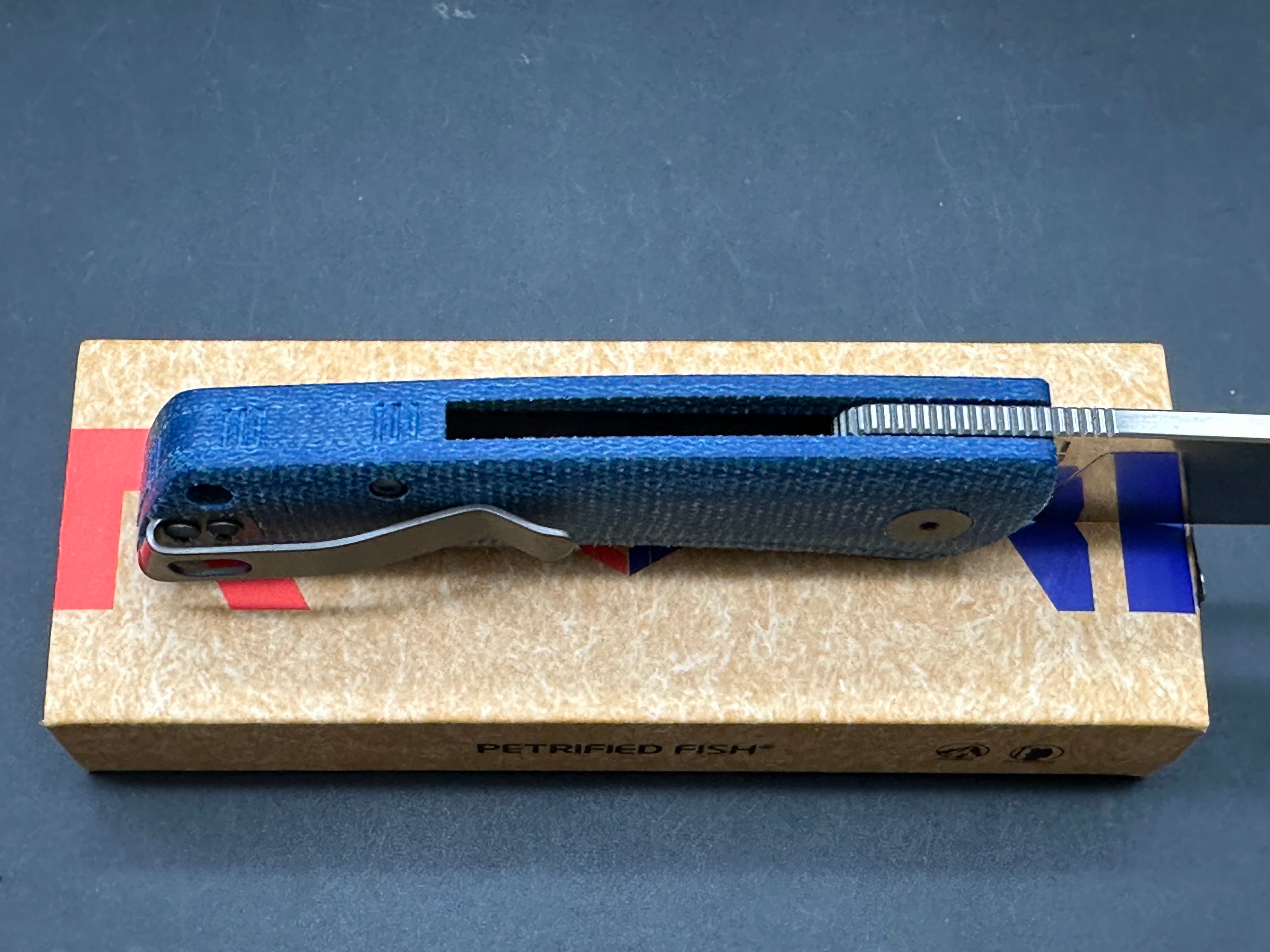Petrified Fish PFE05 Flavorist K110 Blade Blue Micarta Handle