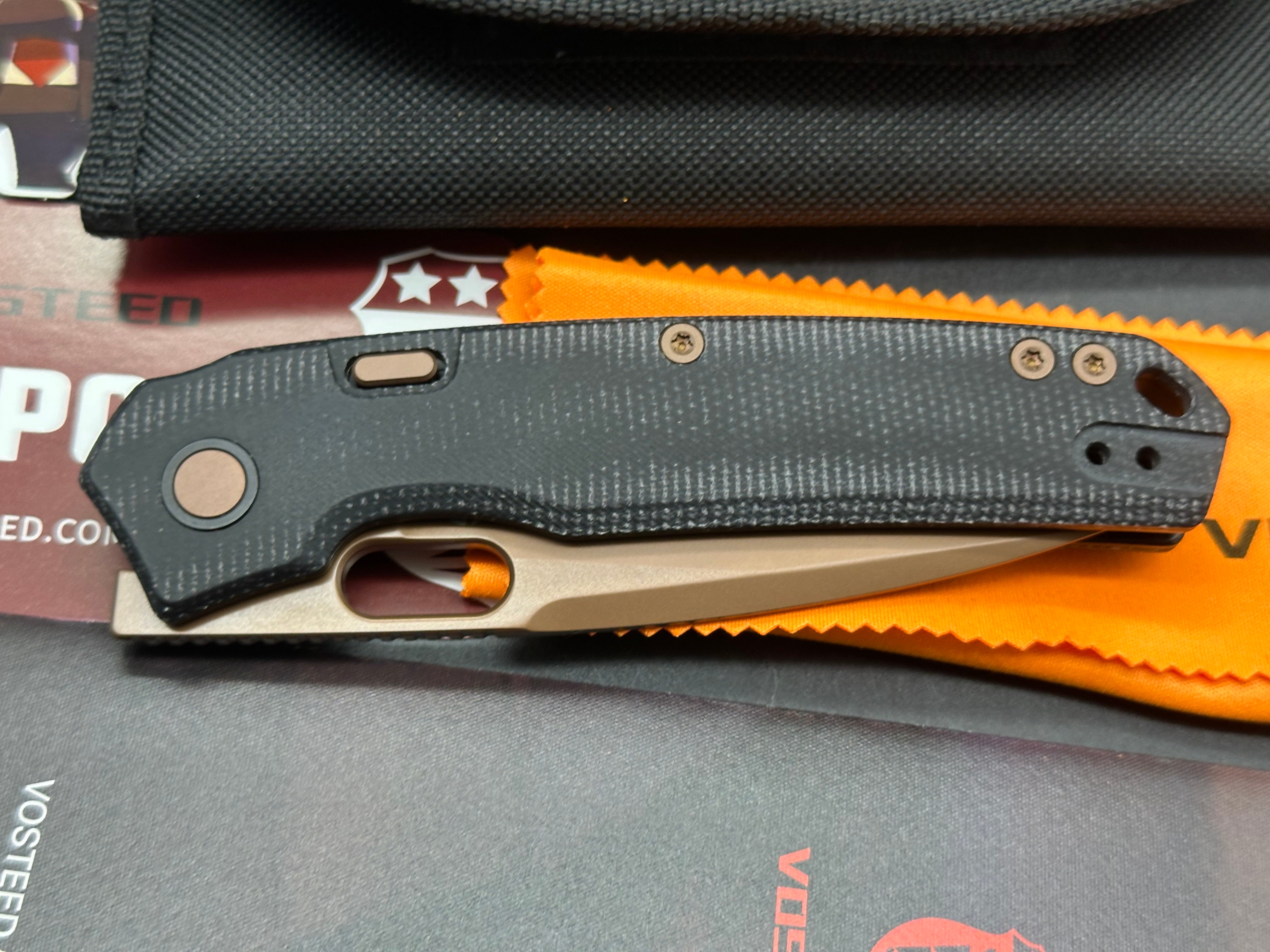 Vosteed Psyop White Mountain Knives Exclusive #230/230 First Run, Elmax Copper Dune PVD Blade, Black Micarta Handles