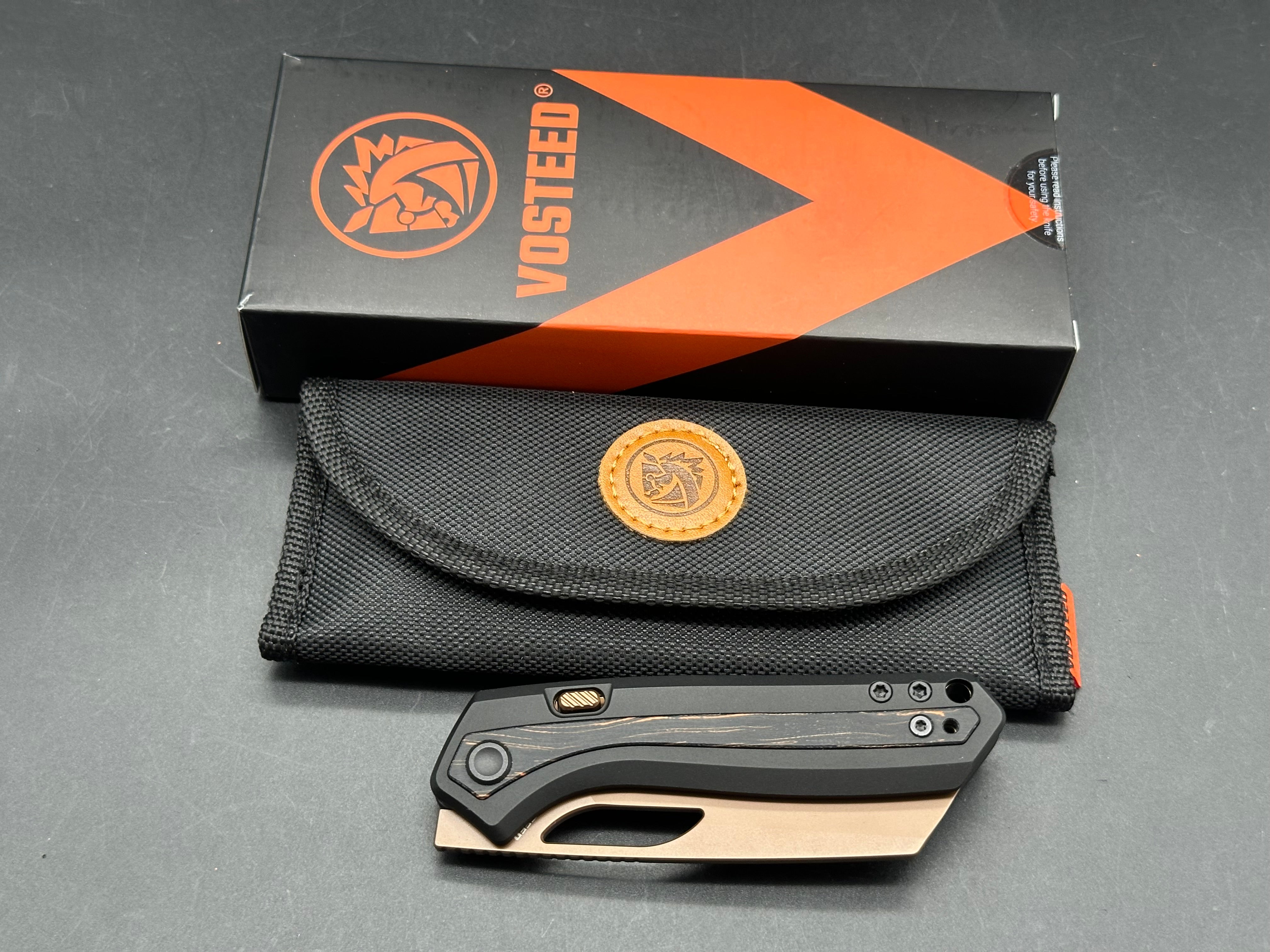 Vosteed Kroc CPM-S35VN Copper Dune PVD Blade, Black Aluminum Handles with Orange/Black Topo G10 Inlays