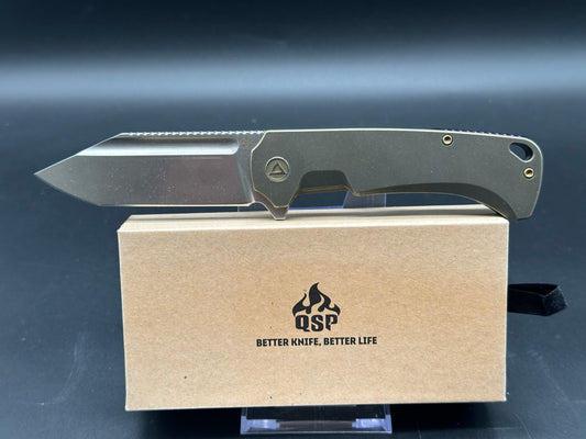 QSP Rhino Frame Lock Knife Bead Blasted Titanium Mokuti clip