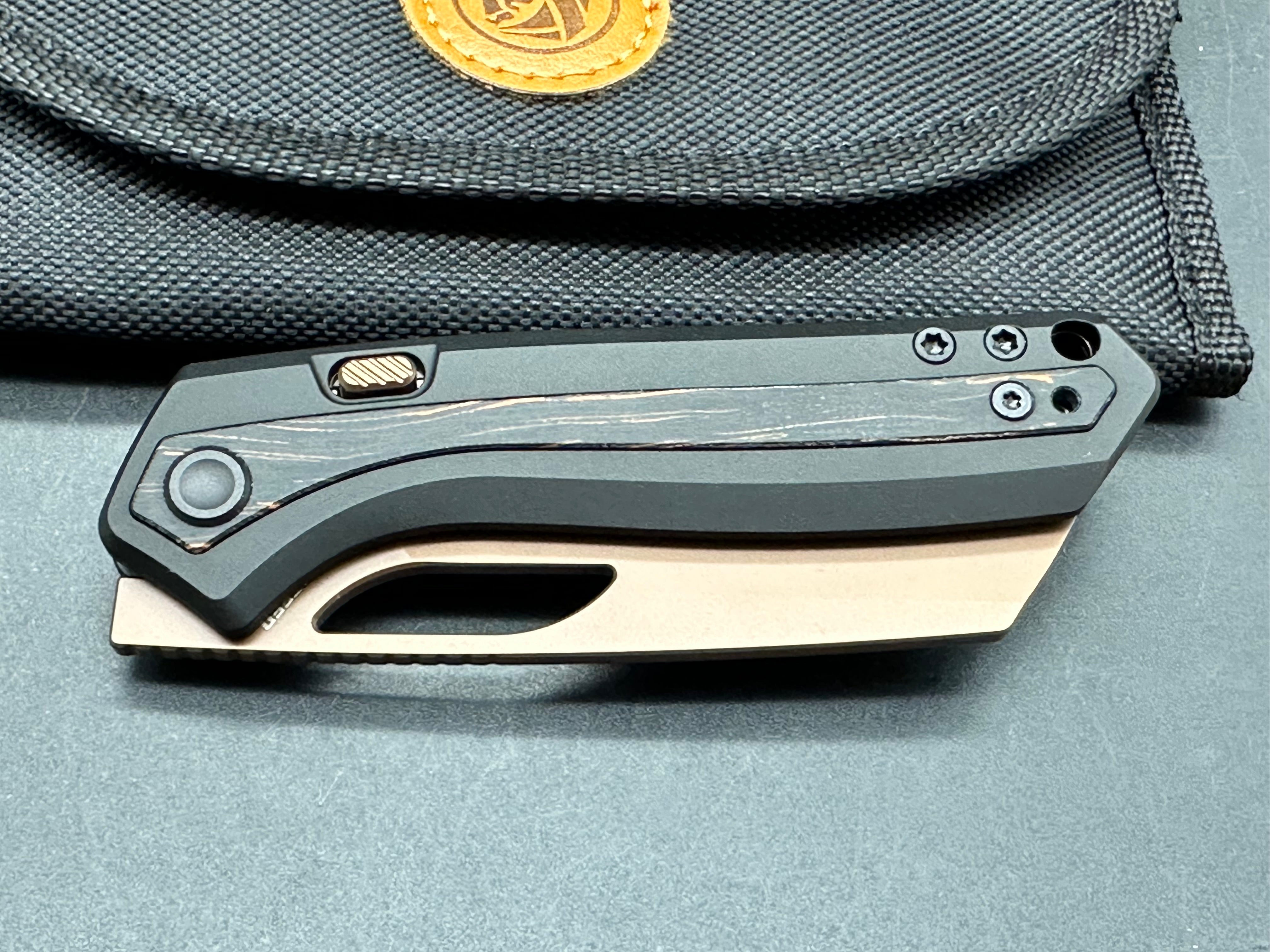 Vosteed Kroc CPM-S35VN Copper Dune PVD Blade, Black Aluminum Handles with Orange/Black Topo G10 Inlays