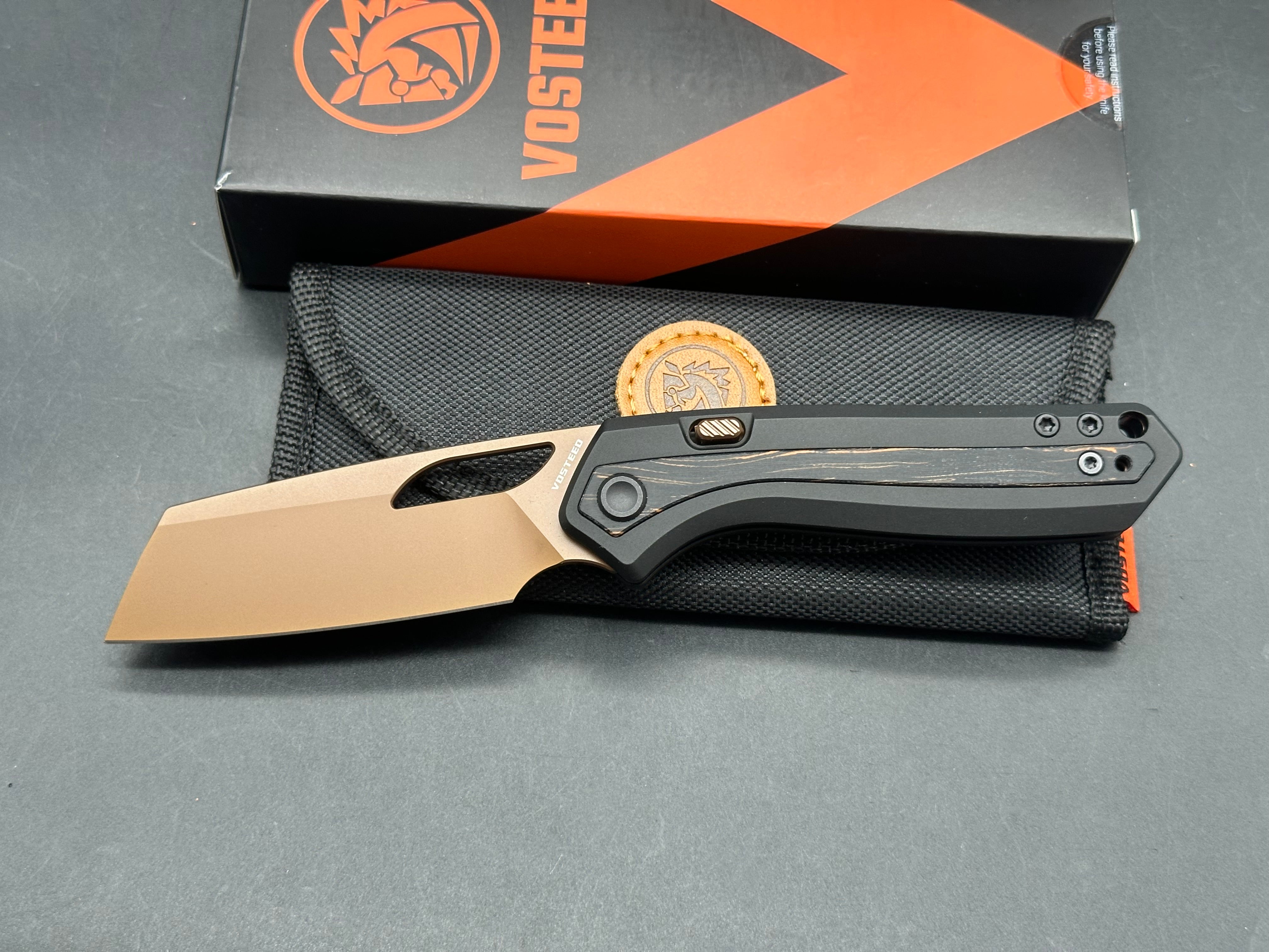 Vosteed Kroc CPM-S35VN Copper Dune PVD Blade, Black Aluminum Handles with Orange/Black Topo G10 Inlays