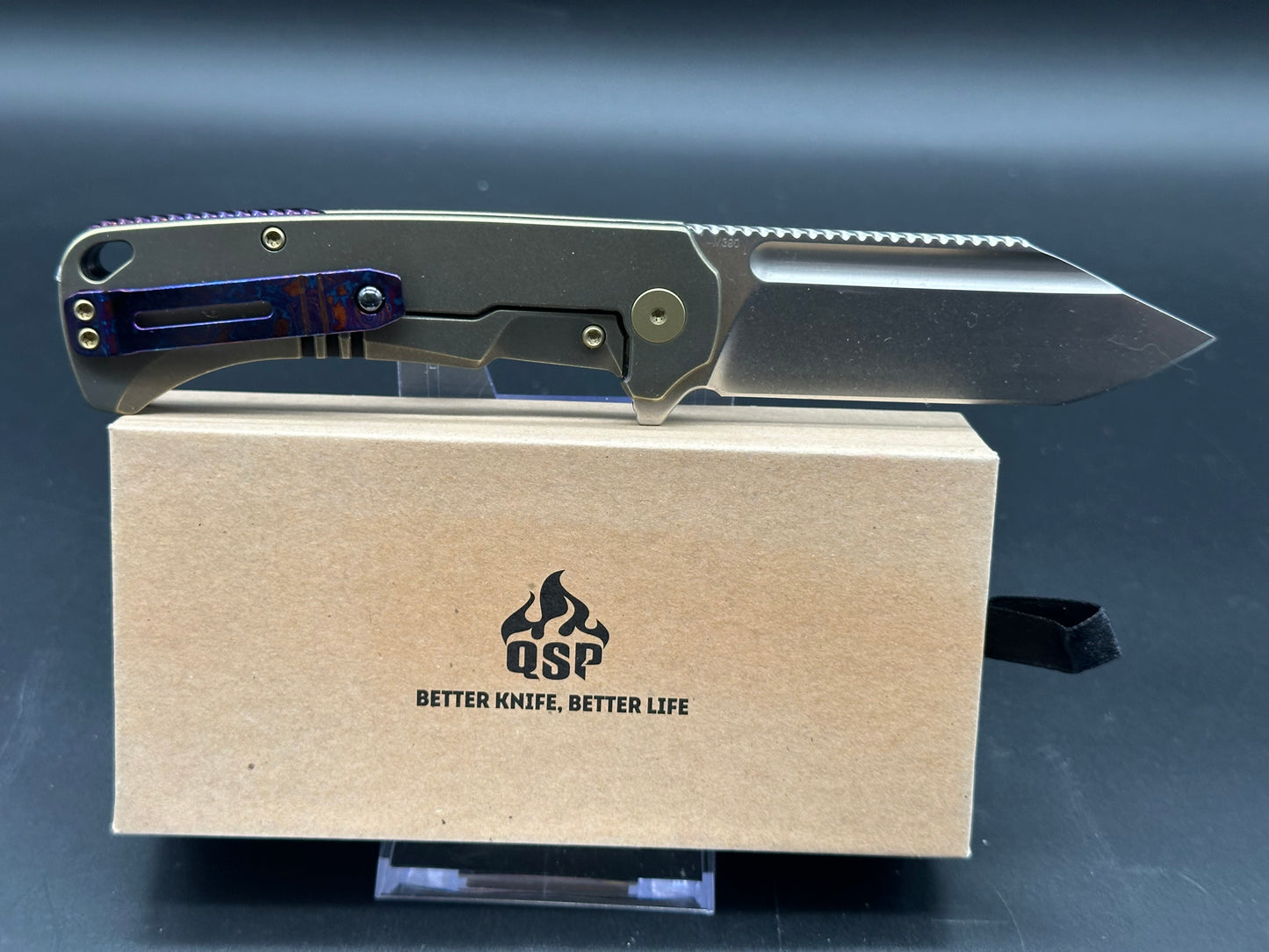 QSP Rhino Frame Lock Knife Bead Blasted Titanium Mokuti clip