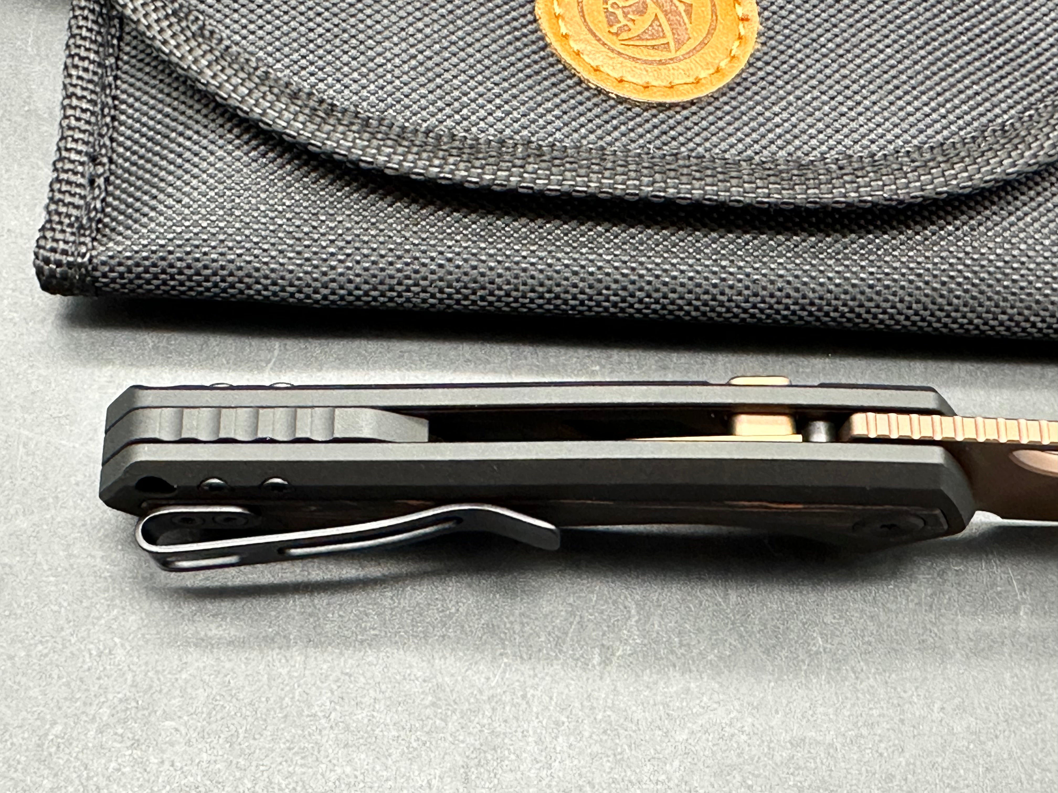 Vosteed Kroc CPM-S35VN Copper Dune PVD Blade, Black Aluminum Handles with Orange/Black Topo G10 Inlays