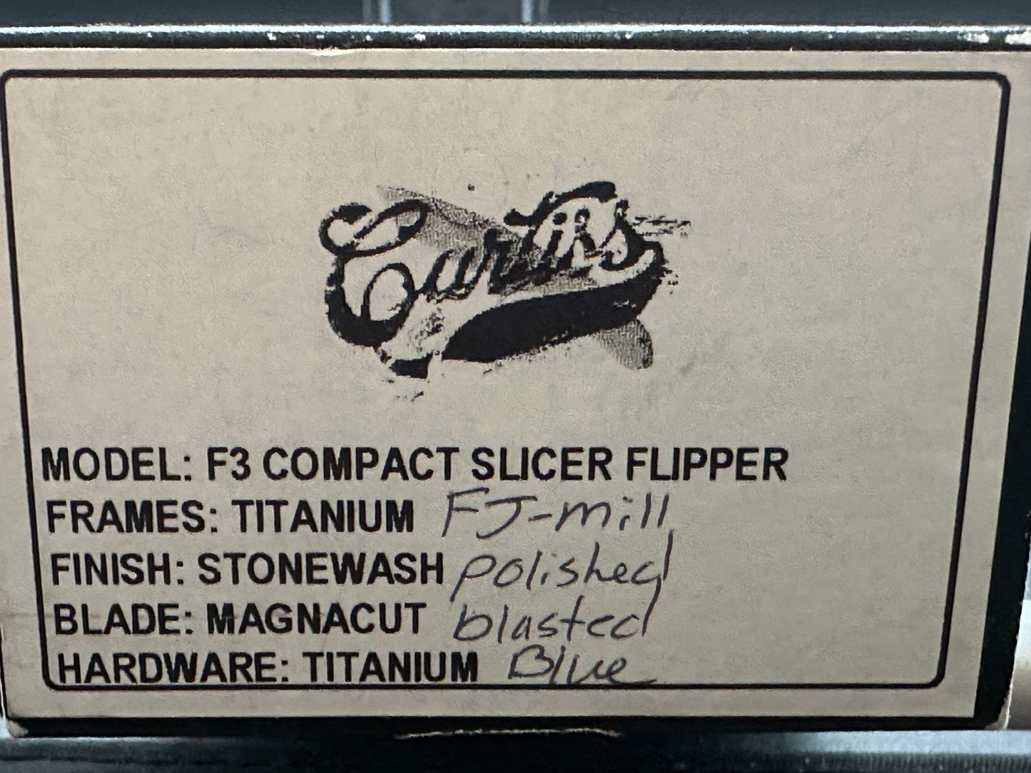 Curtiss Custom Knives F3 Compact Slicer Flipper PM Mill Ti (Magnacut) Blasted Blade Blue