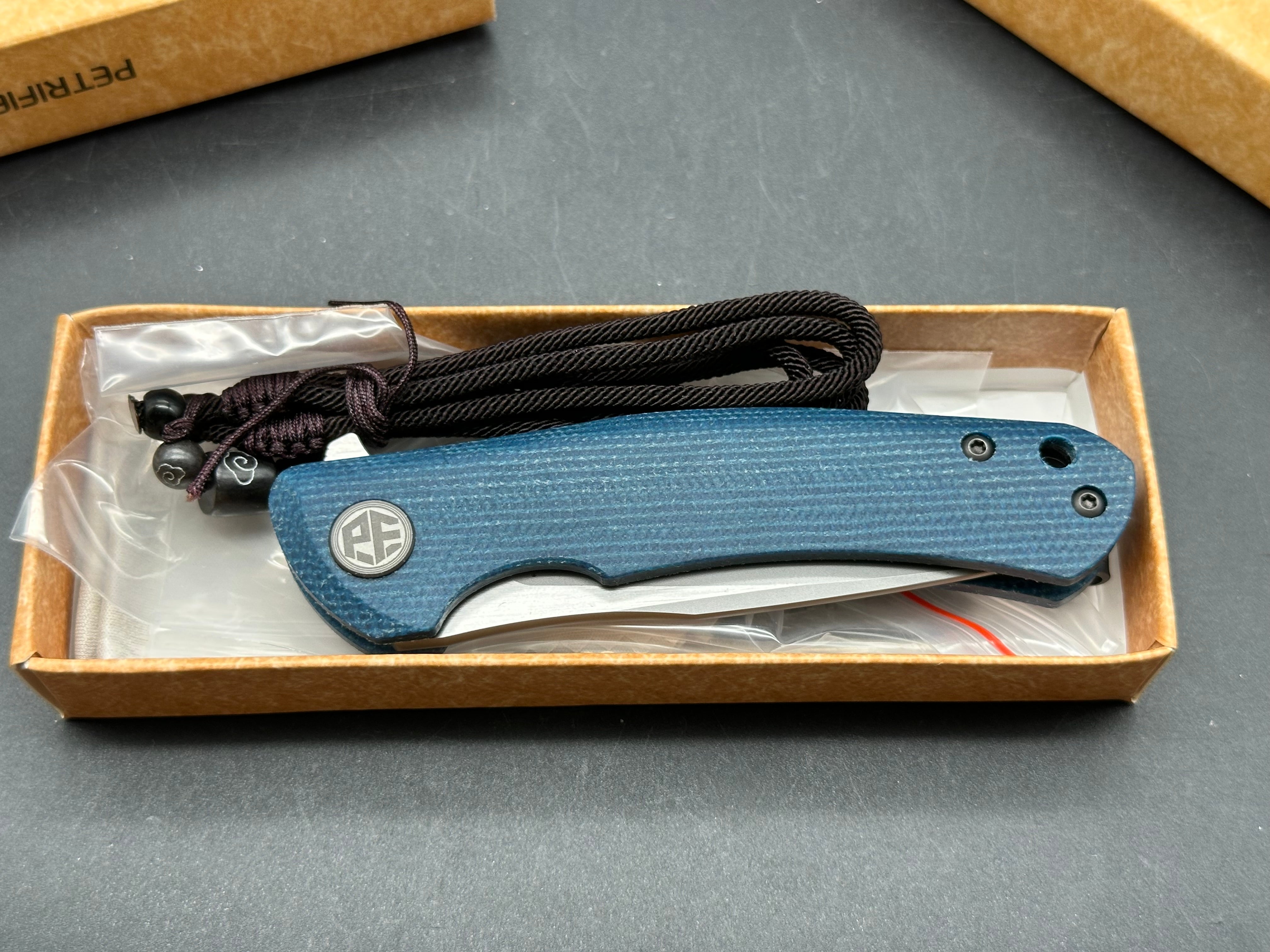Petrified Fish PF949 Warrior Flipper Knife Blue Micarta Handle
