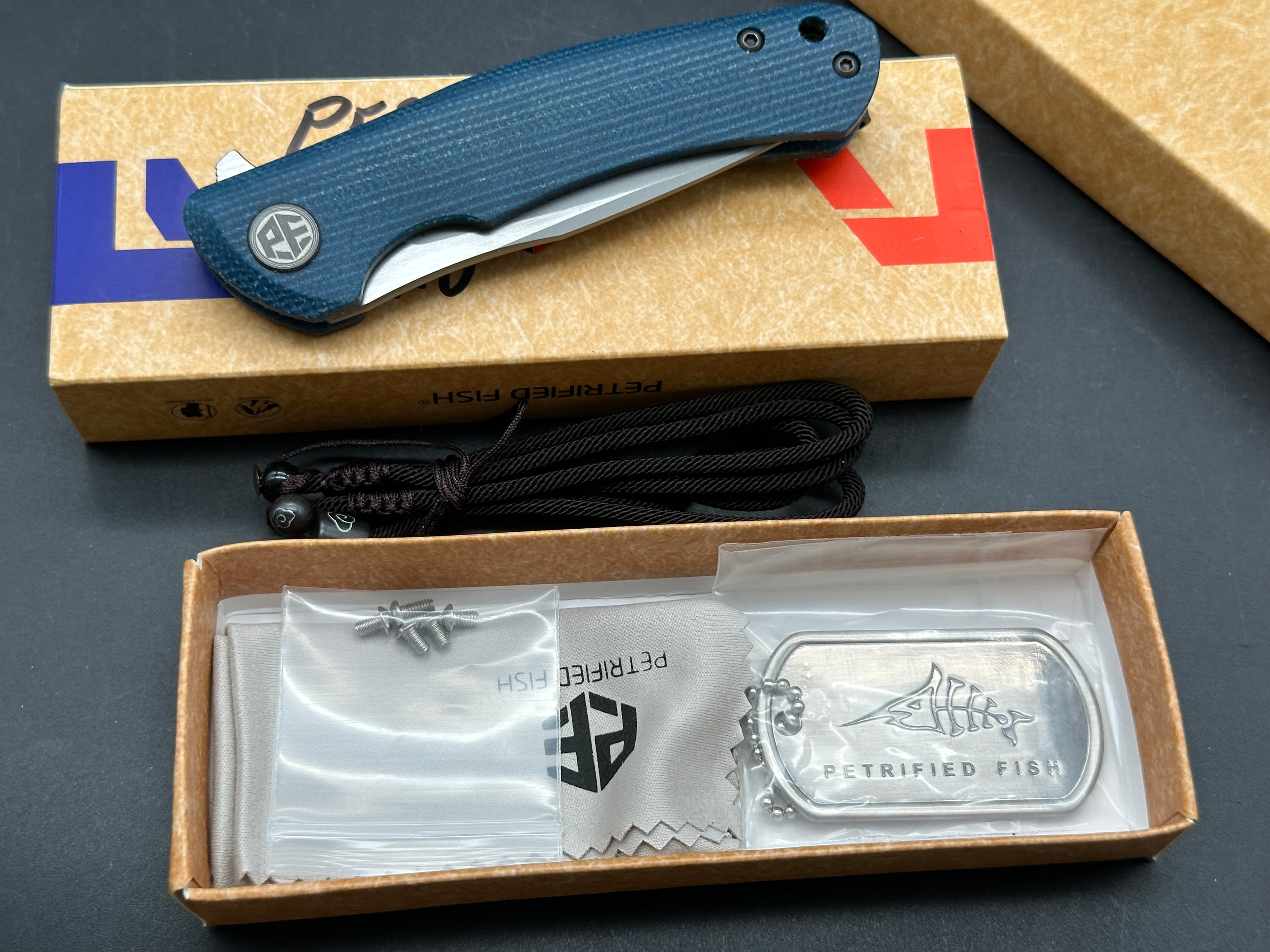 Petrified Fish PF949 Warrior Flipper Knife Blue Micarta Handle