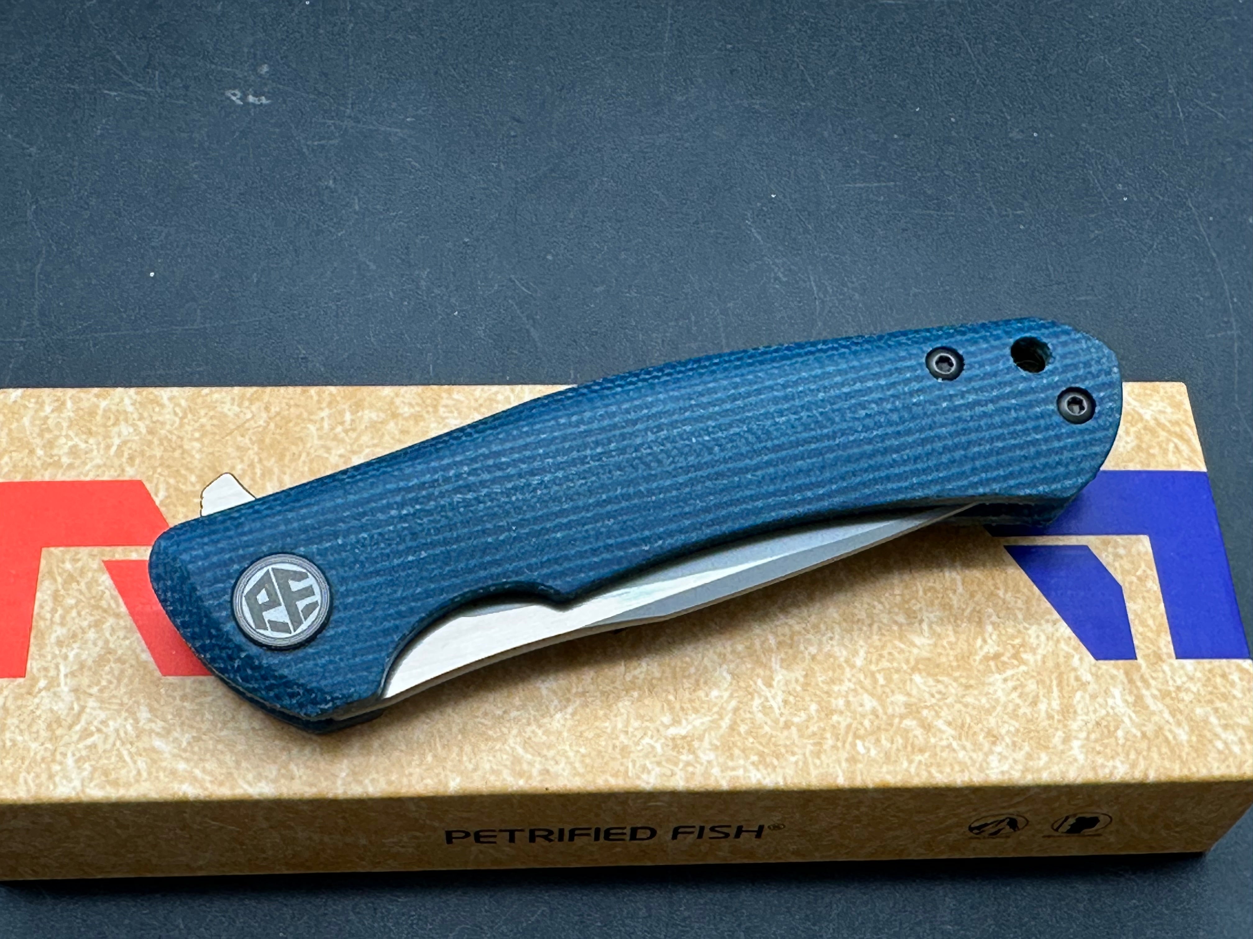 Petrified Fish PF949 Warrior Flipper Knife Blue Micarta Handle