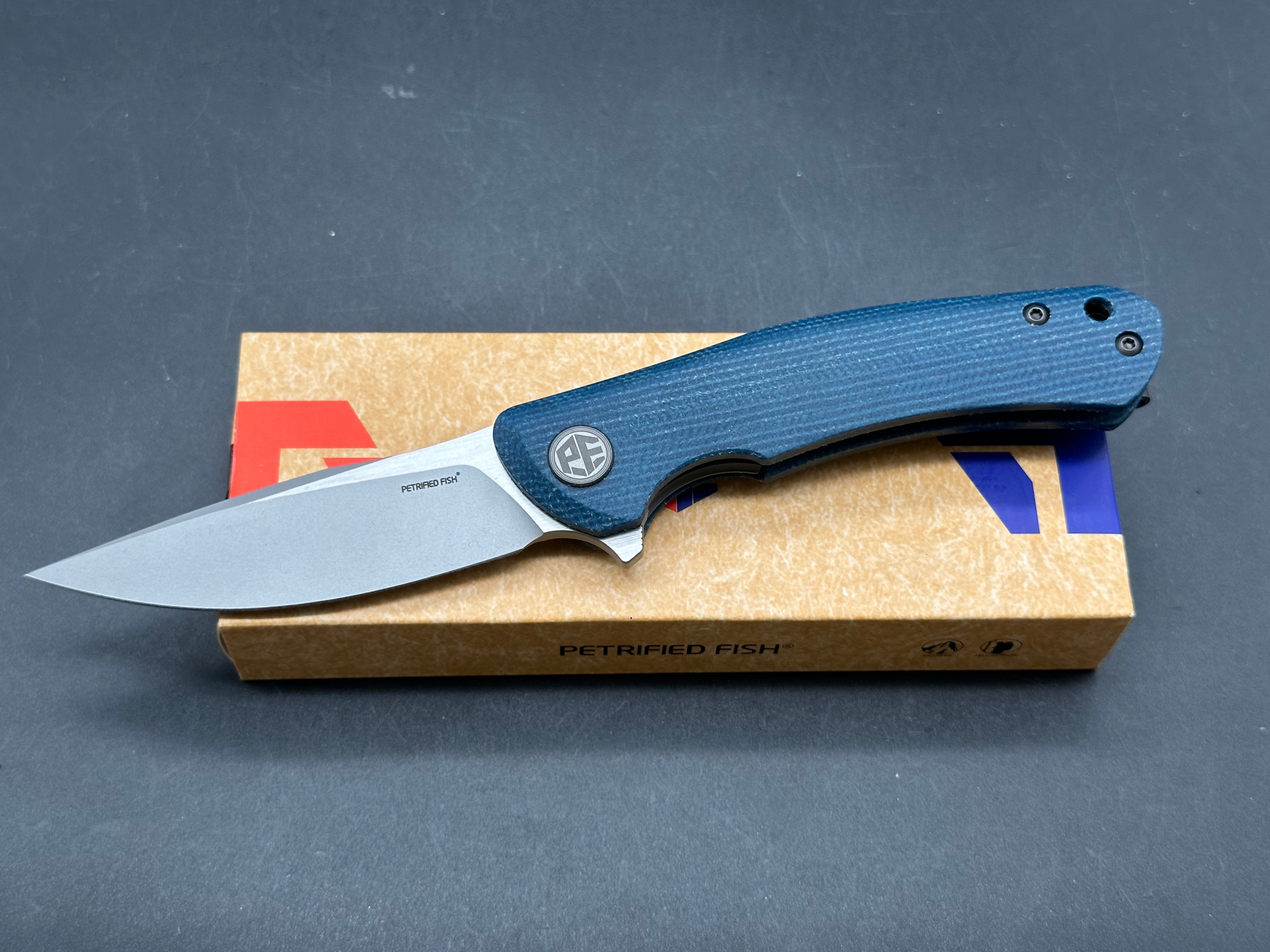Petrified Fish PF949 Warrior Flipper Knife Blue Micarta Handle