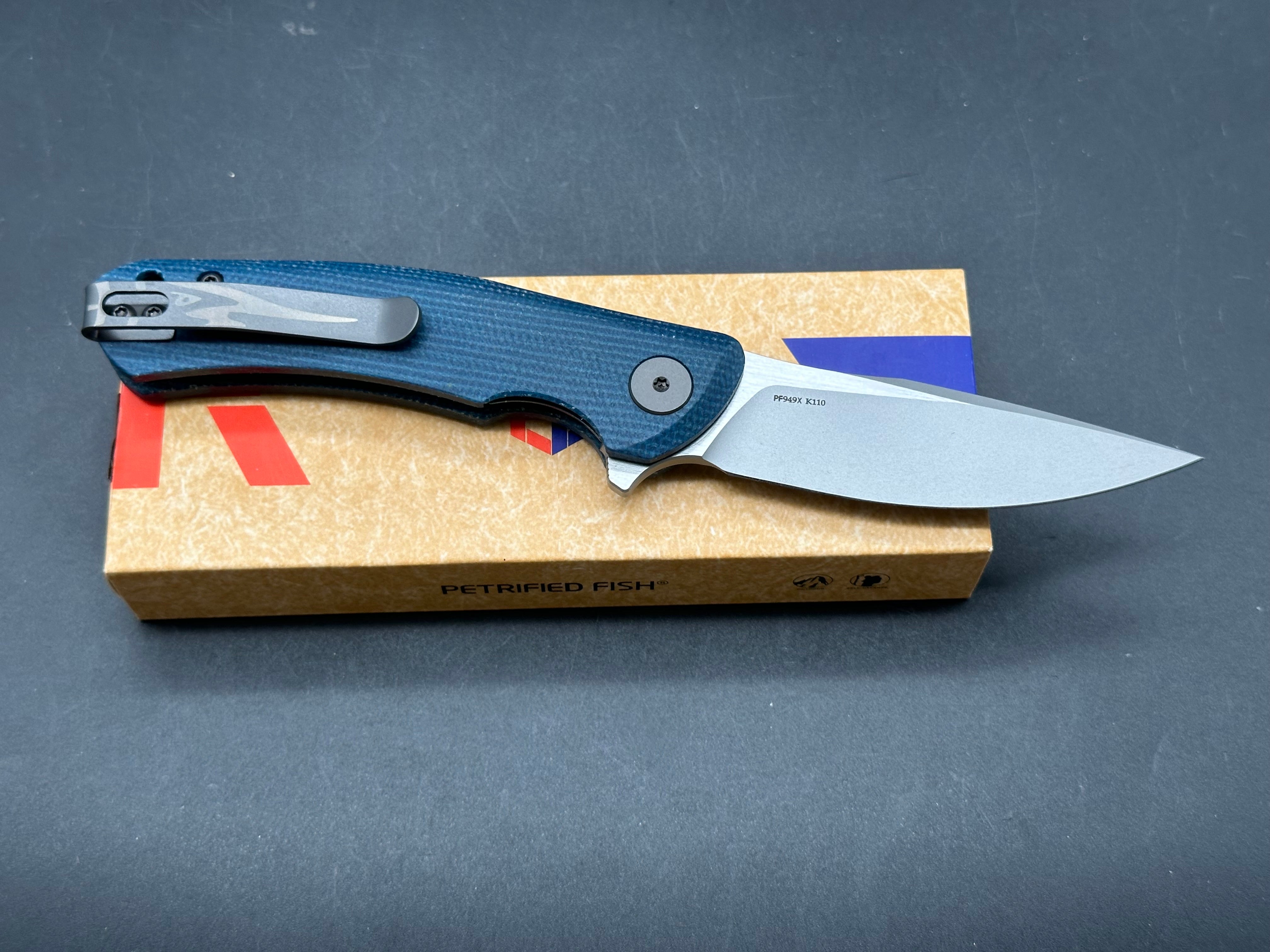 Petrified Fish PF949 Warrior Flipper Knife Blue Micarta Handle
