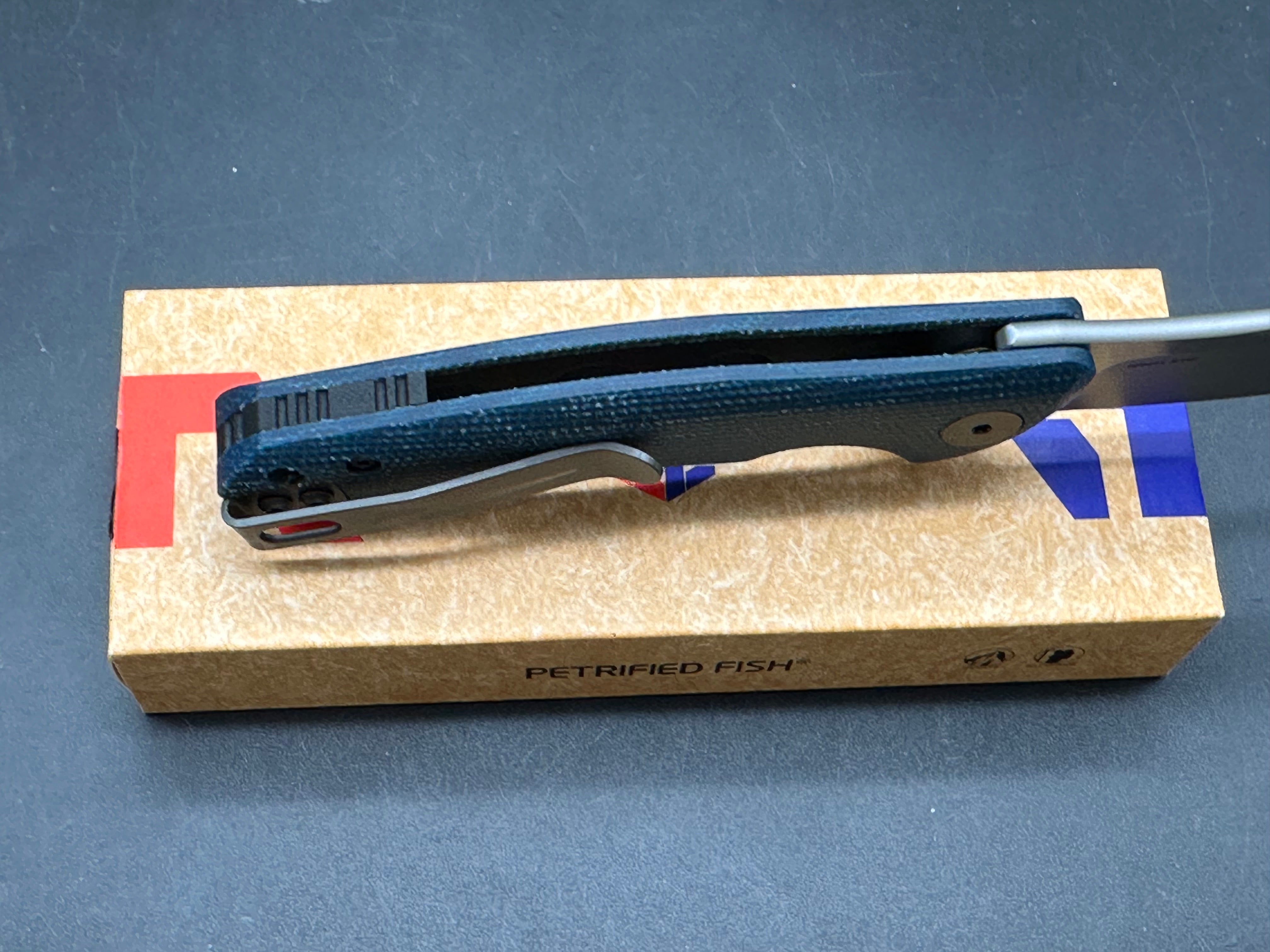 Petrified Fish PF949 Warrior Flipper Knife Blue Micarta Handle