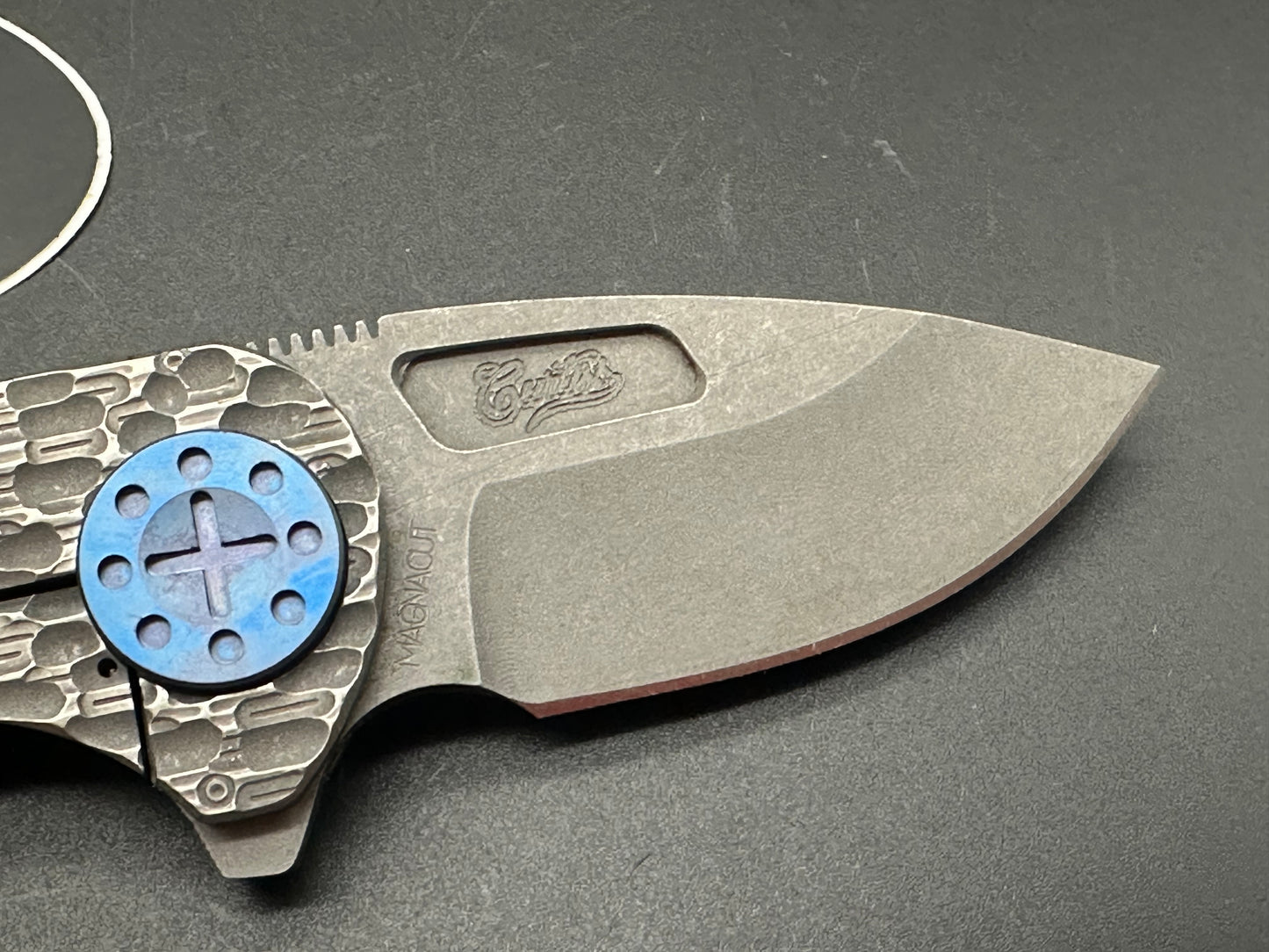 Curtiss Custom Knives F3 Compact Slicer Flipper PM Mill Ti (Magnacut) Blasted Blade Blue