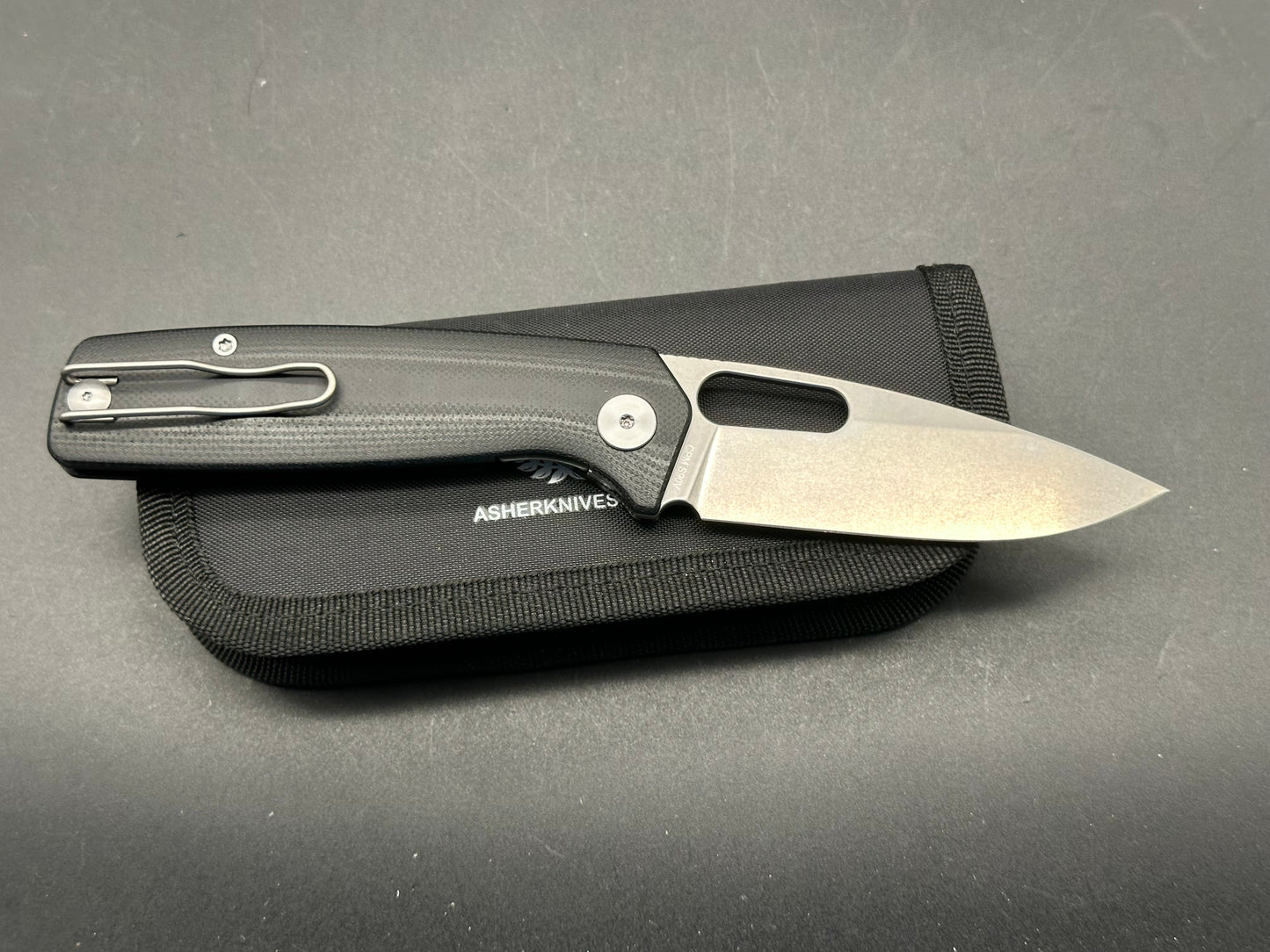 Asher Spiro G10, 3.2" S90V Stonewash Blade with Black G10 Handle