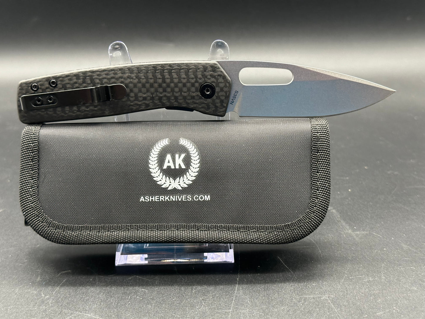 Asher Spiro CF, 3.2" S35VN Stonewash Blade with Black Carbon Fiber Handle