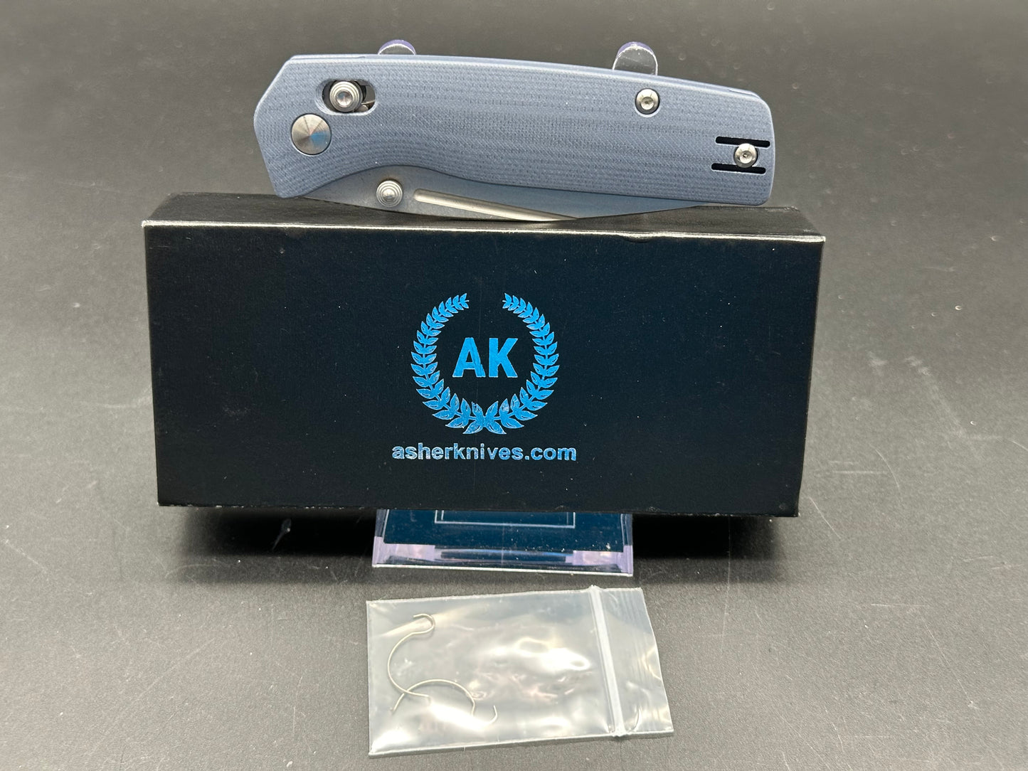 Asher Spiro Crossbar, 3.2" S35VN Stonewash Blade with Steel Blue G10 Handle