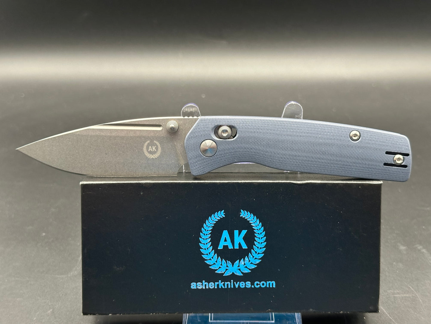 Asher Spiro Crossbar, 3.2" S35VN Stonewash Blade with Steel Blue G10 Handle