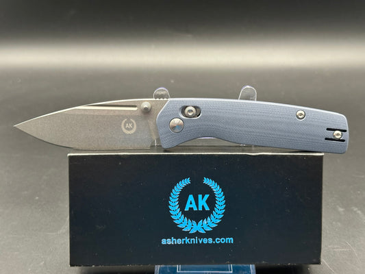 Asher Spiro Crossbar, 3.2" S35VN Stonewash Blade with Steel Blue G10 Handle