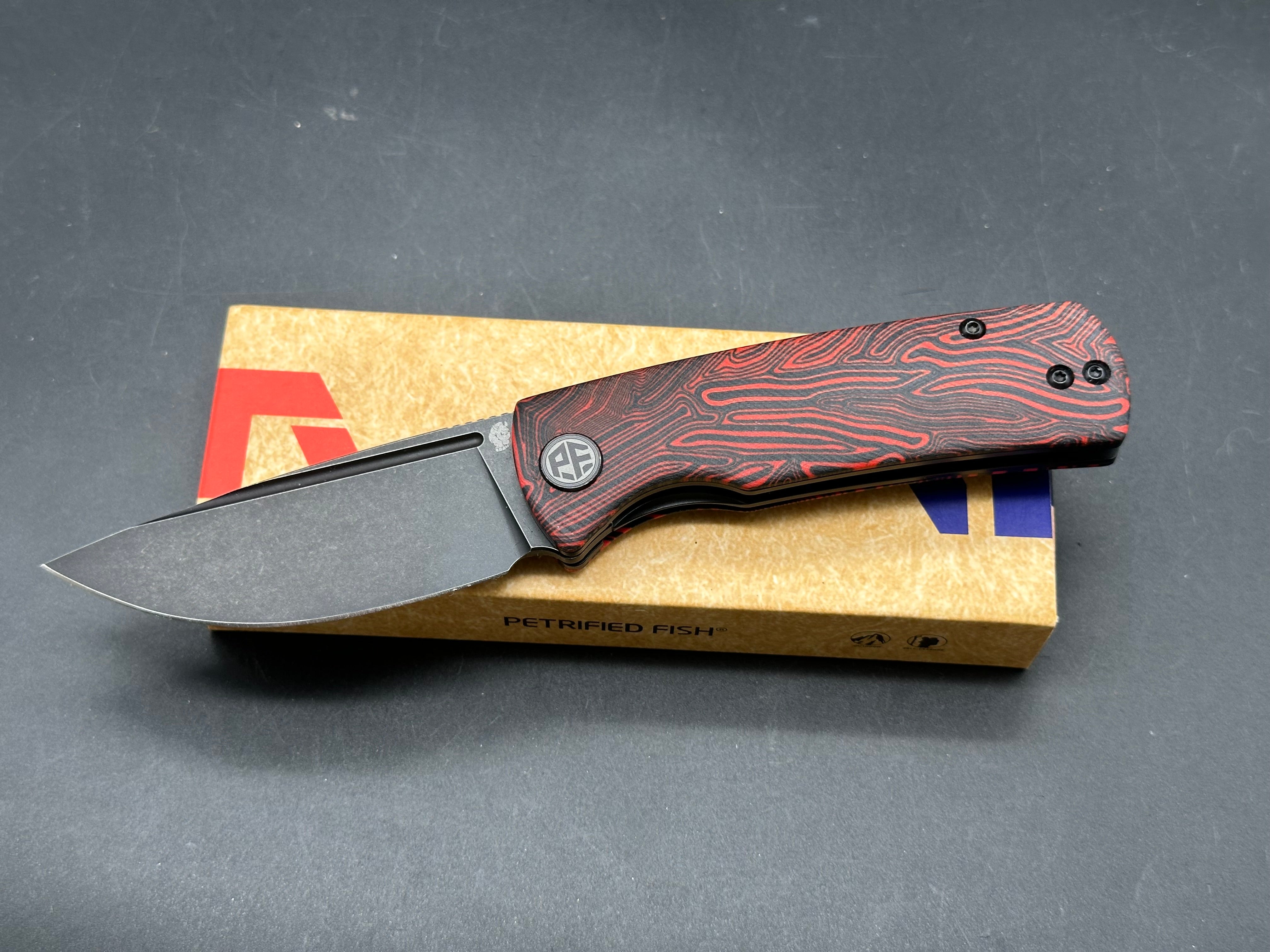 Petrified Fish Mini Beluga ,2.99" 14C28N Blade Red G10 Gmascus Handle
