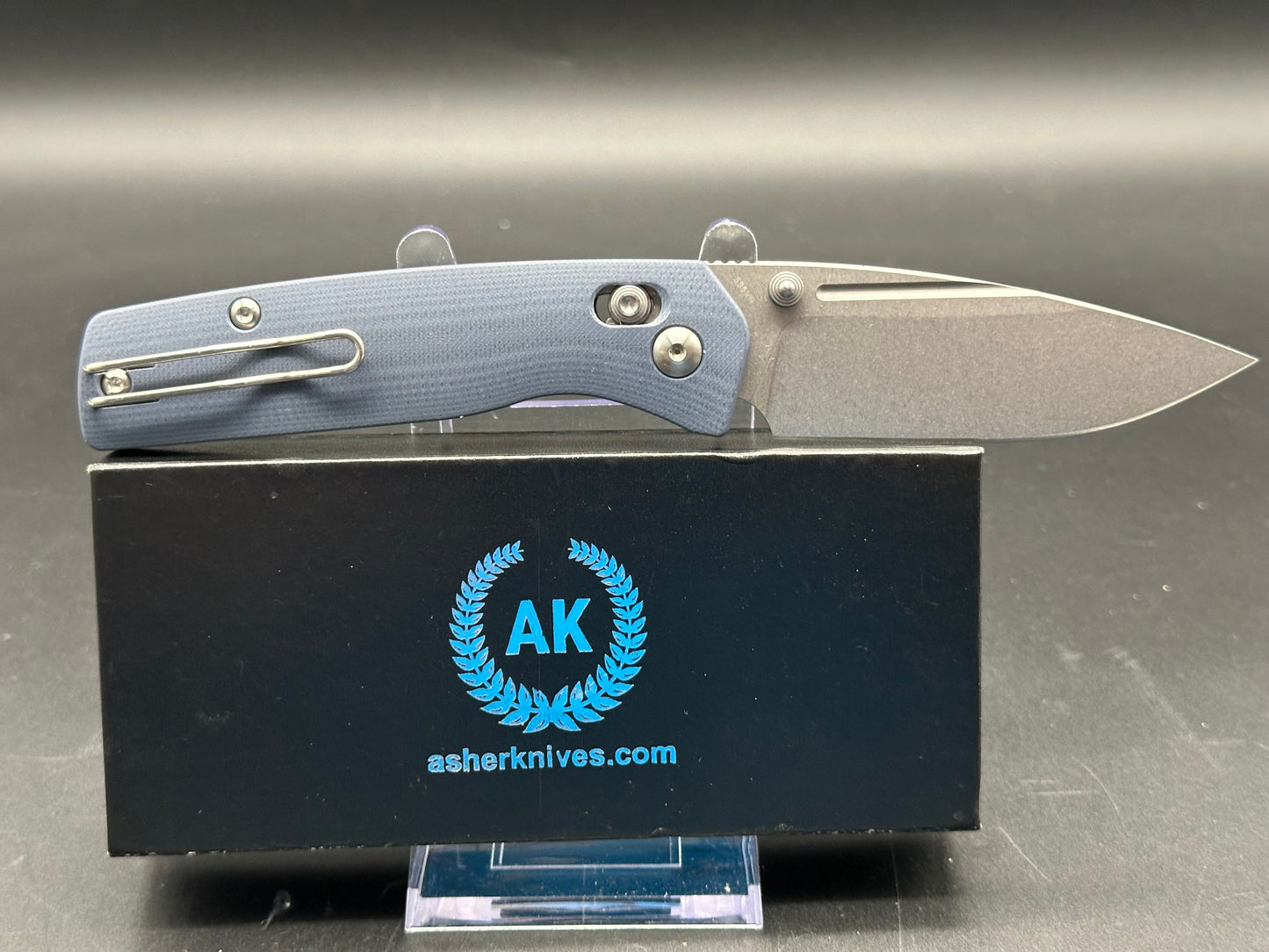 Asher Spiro Crossbar, 3.2" S35VN Stonewash Blade with Steel Blue G10 Handle