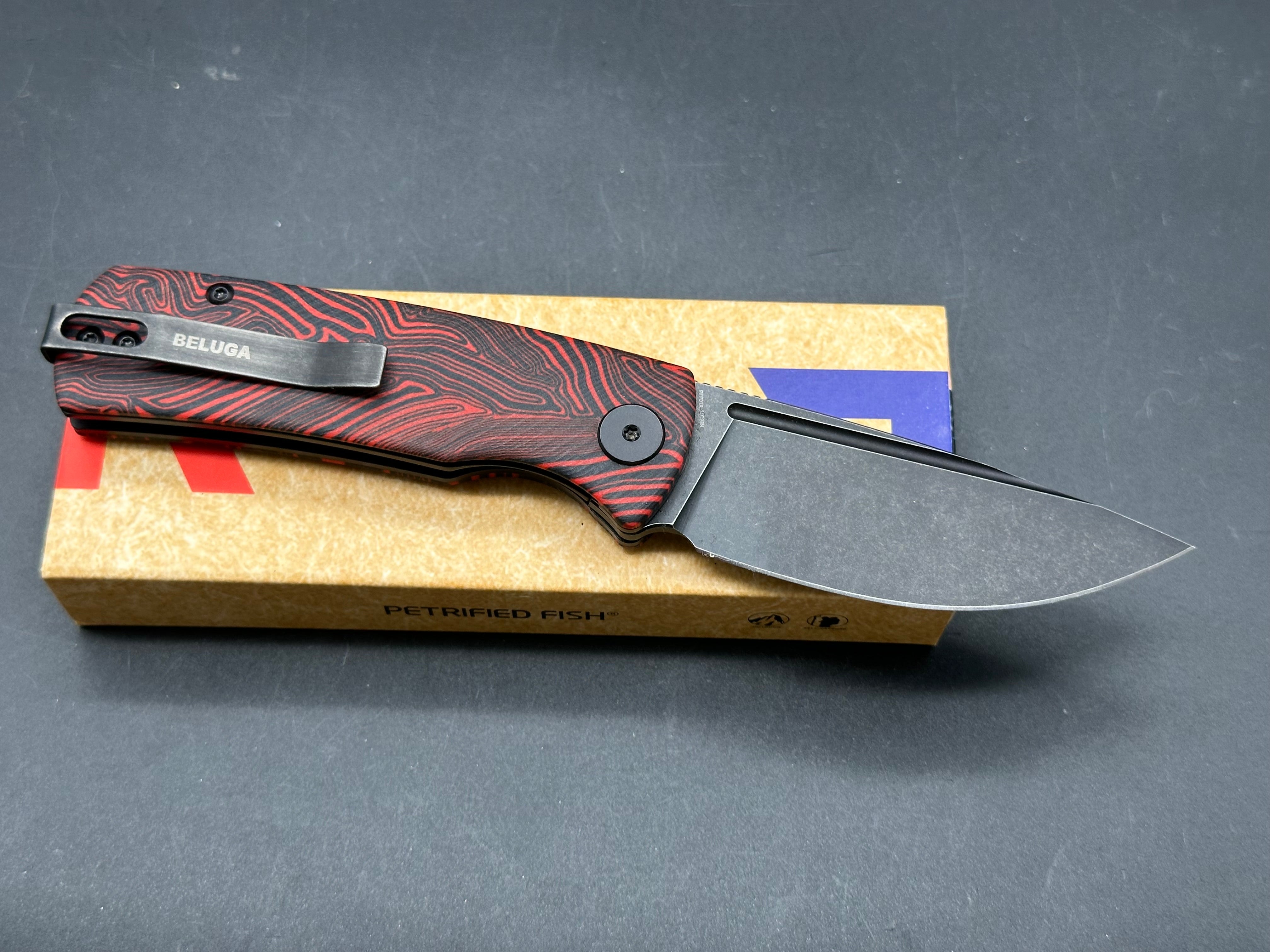 Petrified Fish Mini Beluga ,2.99" 14C28N Blade Red G10 Gmascus Handle