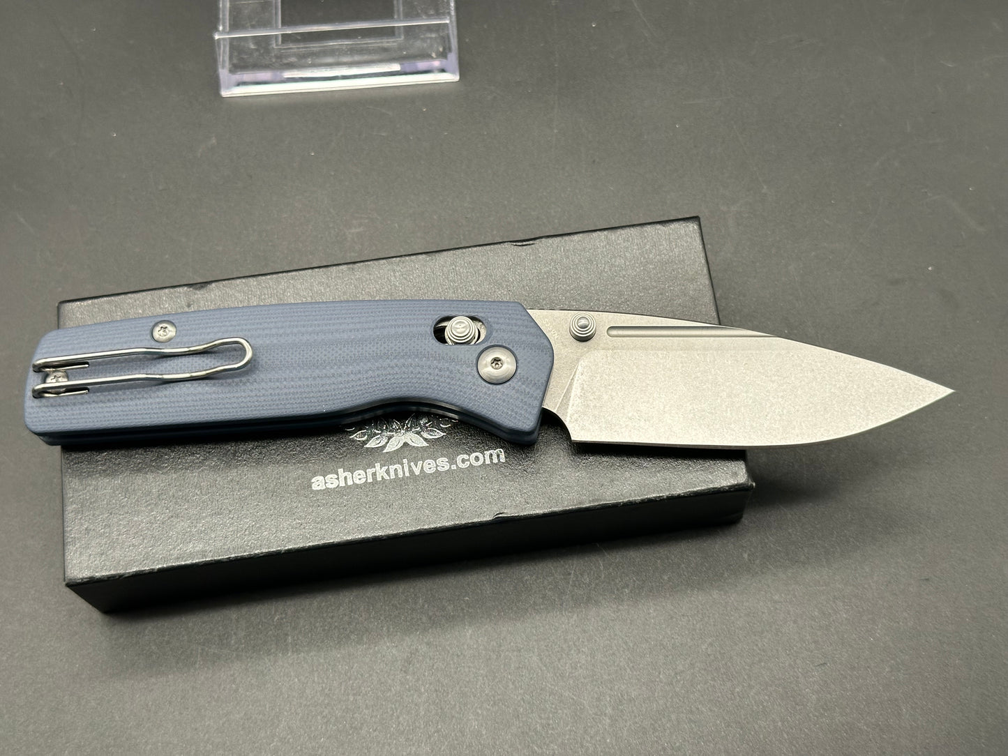 Asher Spiro Crossbar, 3.2" S35VN Stonewash Blade with Steel Blue G10 Handle