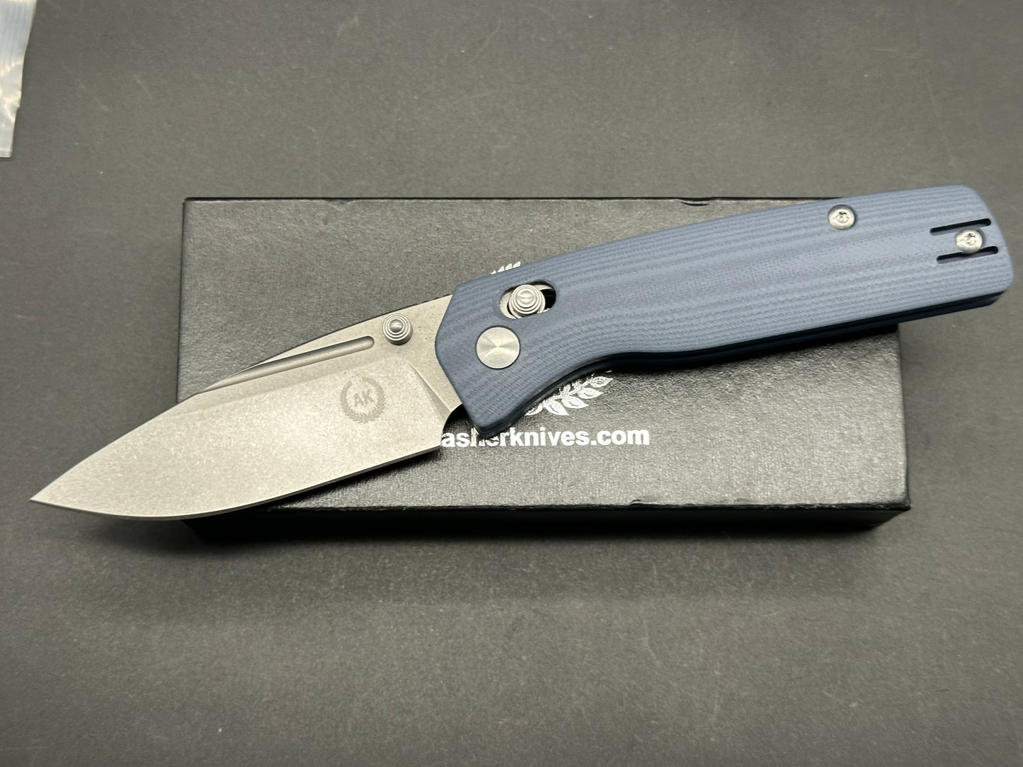 Asher Spiro Crossbar, 3.2" S35VN Stonewash Blade with Steel Blue G10 Handle