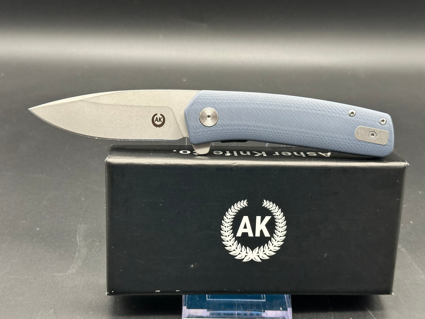 Asher Spiro FT, 3.2" S35VN Stonewash Blade with Steel Blue G10 Handle.