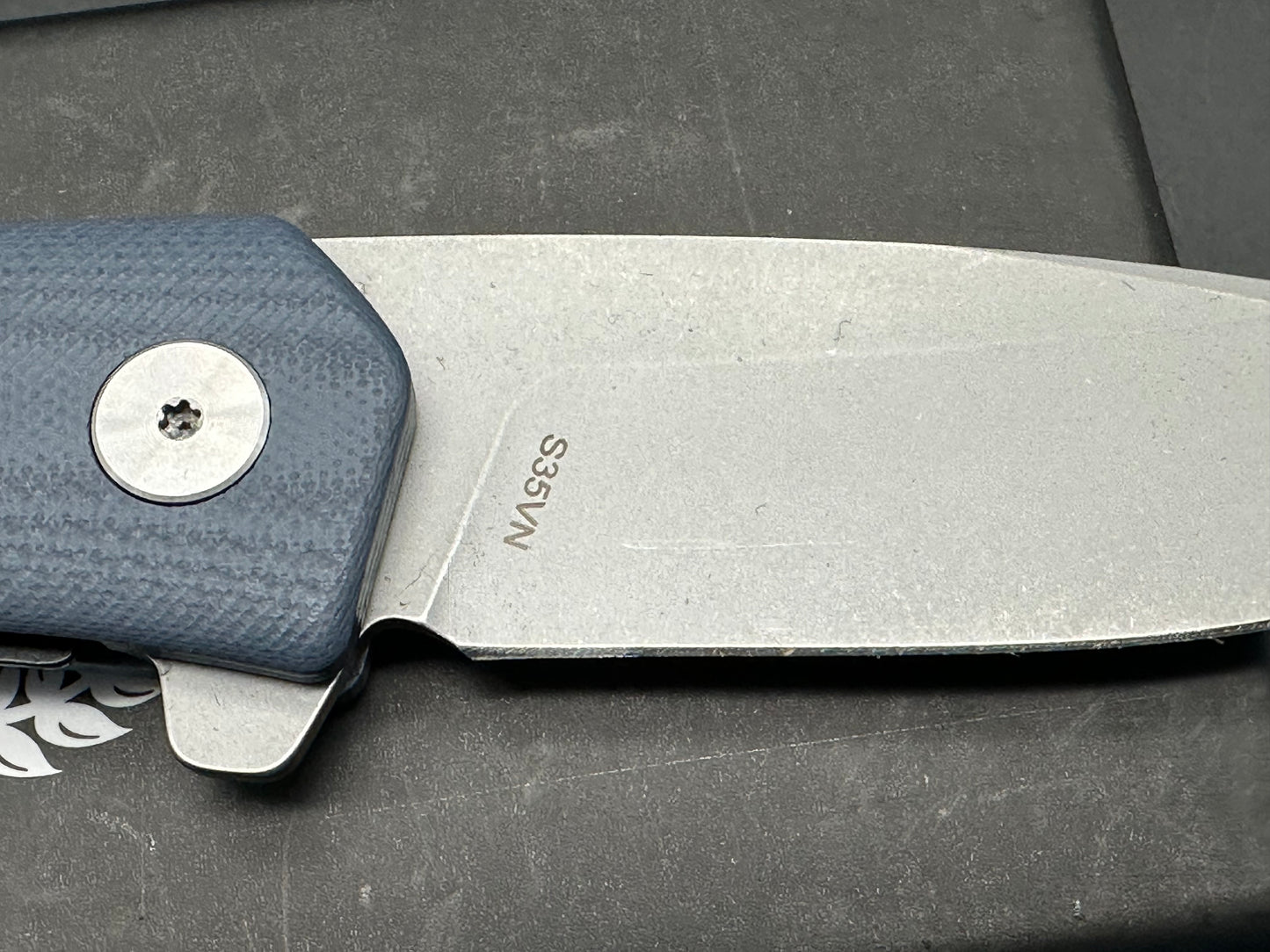 Asher Spiro FT, 3.2" S35VN Stonewash Blade with Steel Blue G10 Handle.