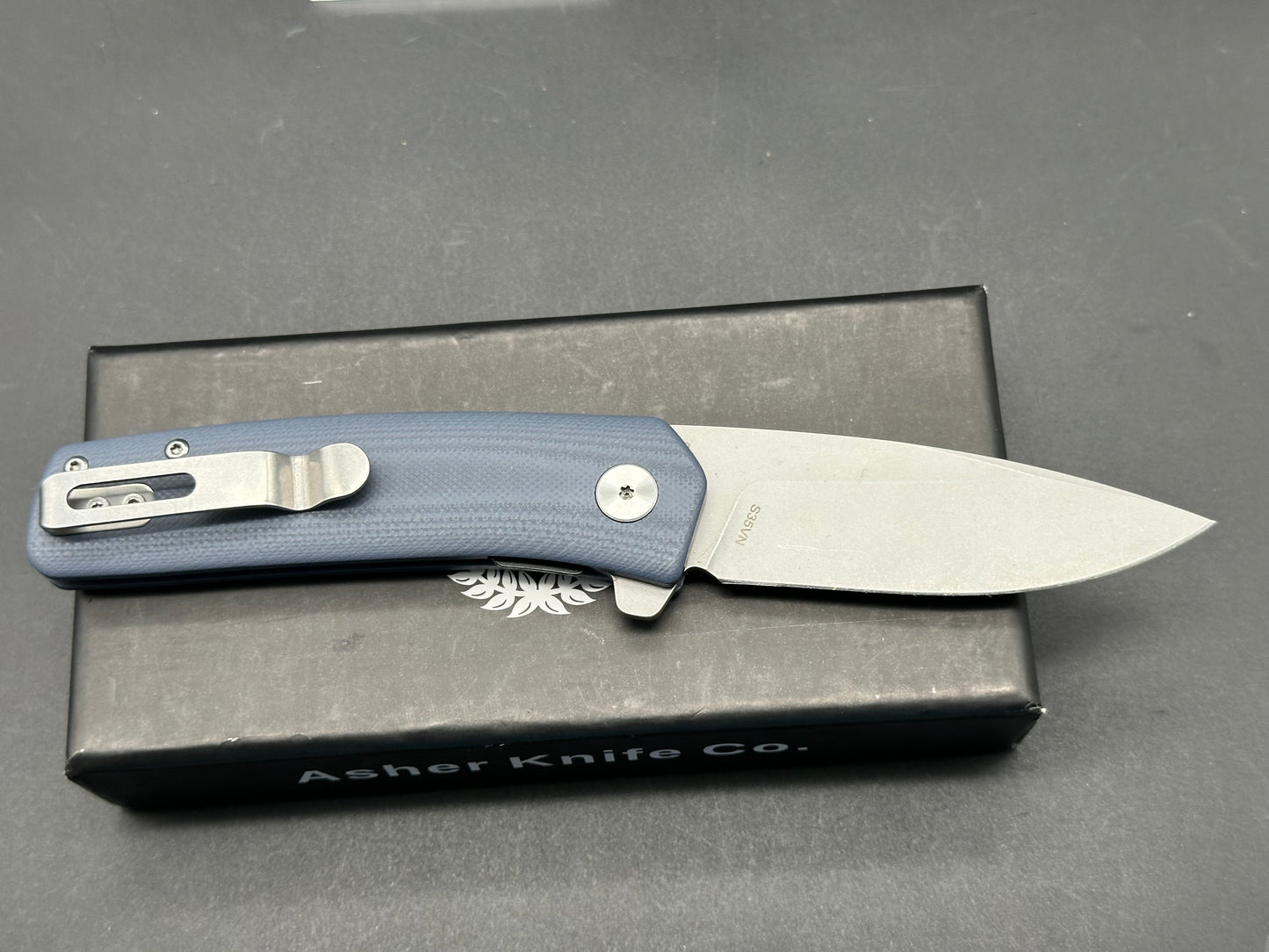 Asher Spiro FT, 3.2" S35VN Stonewash Blade with Steel Blue G10 Handle.