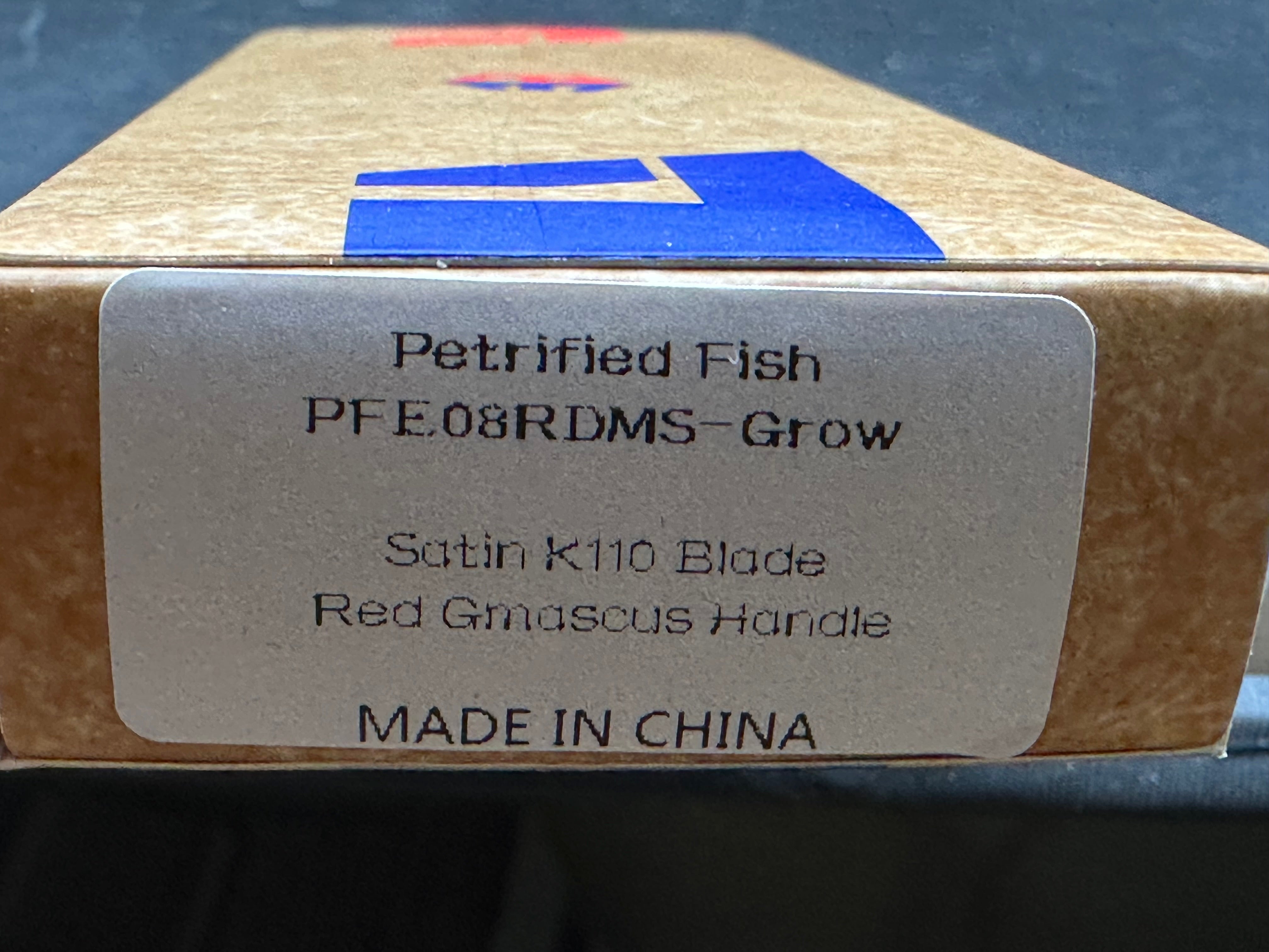 Petrified Fish PFE08 Grow 3.62" K110 Satin Blade Red G10 Handle Button Lock Folding knife