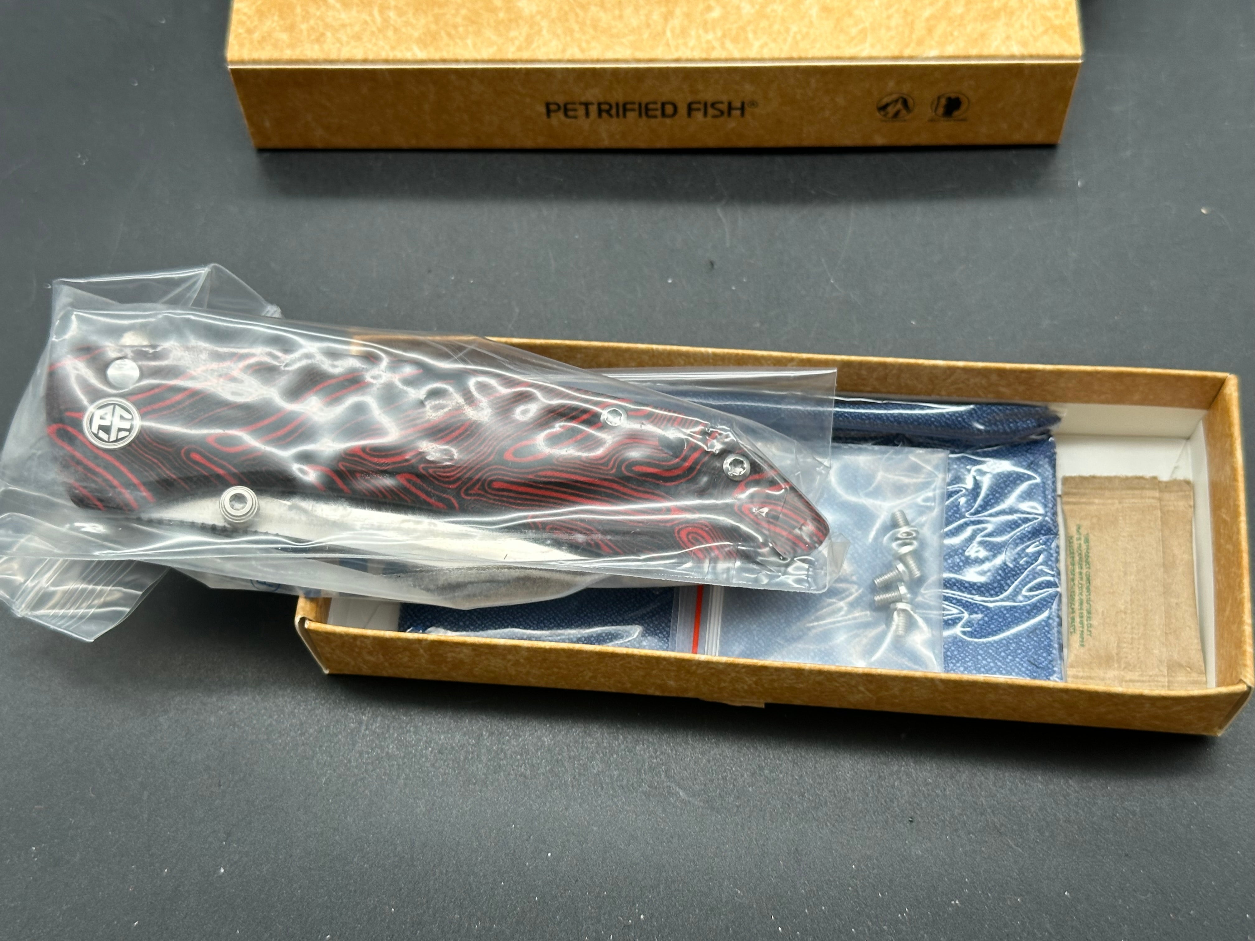 Petrified Fish PFE08 Grow 3.62" K110 Satin Blade Red G10 Handle Button Lock Folding knife