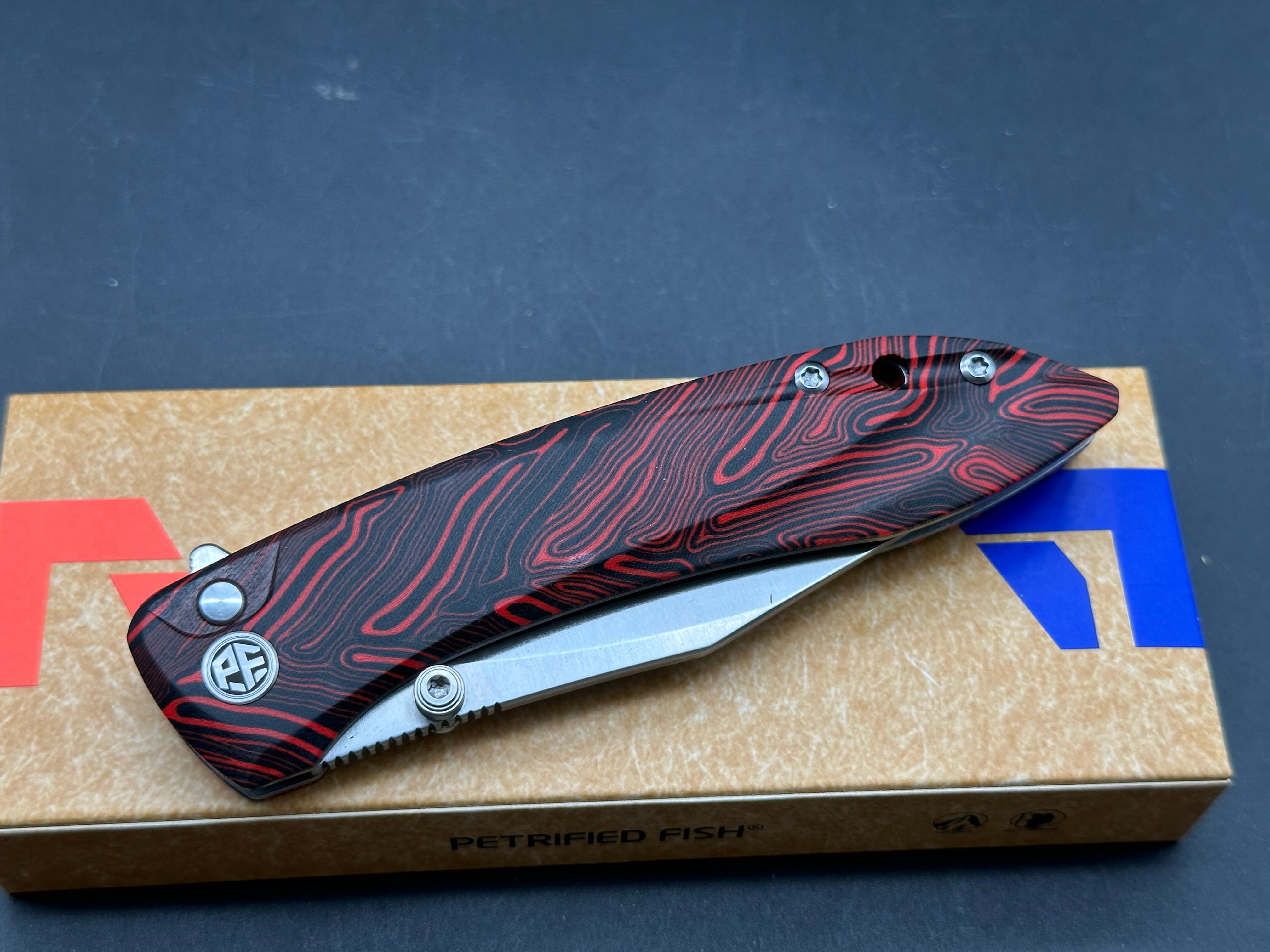 Petrified Fish PFE08 Grow 3.62" K110 Satin Blade Red G10 Handle Button Lock Folding knife