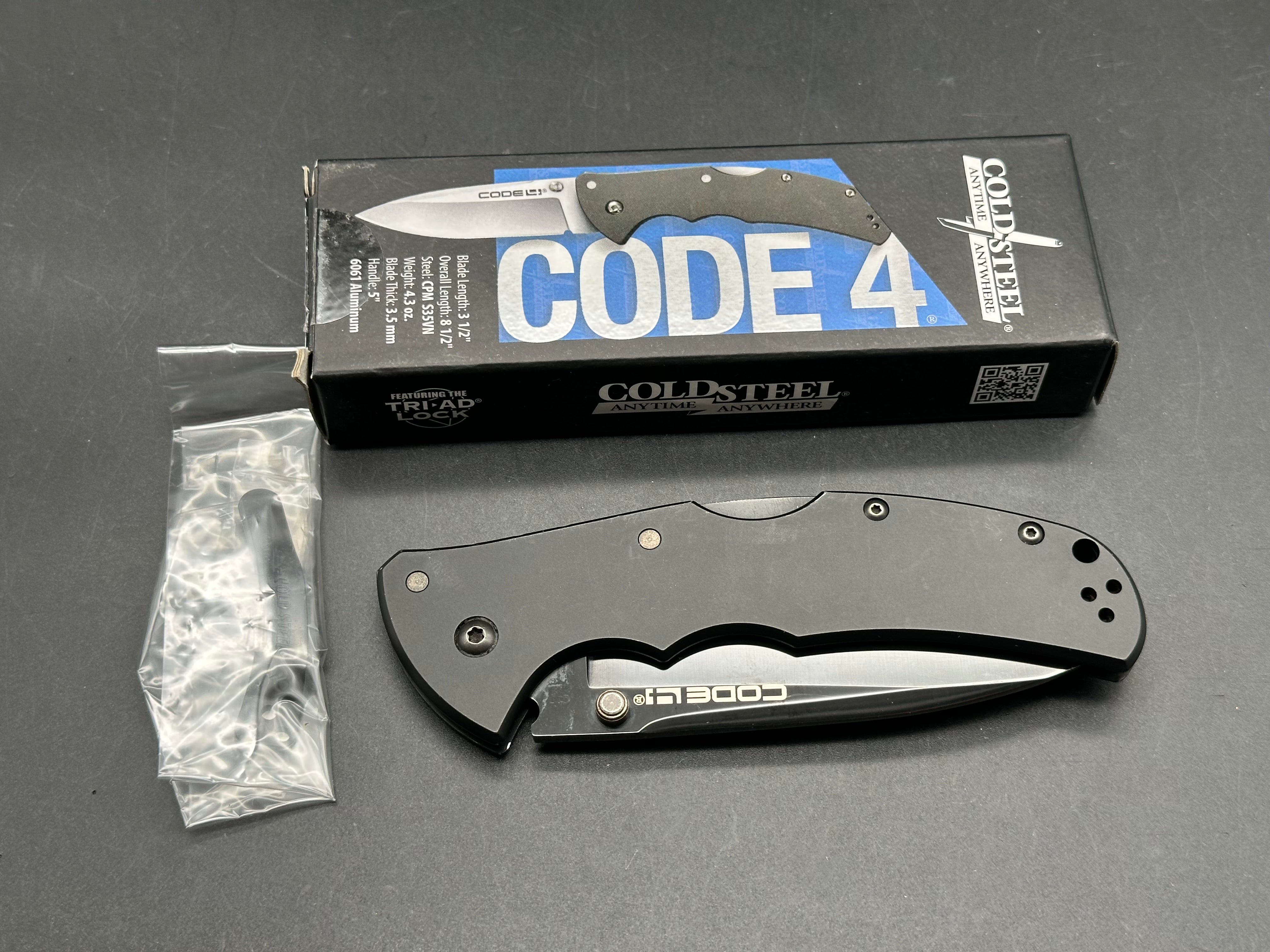 COLD STEEL CODE-4 KNIFE GRAY ALUMINUM HANDLE PLAIN SPEAR POINT EDGE