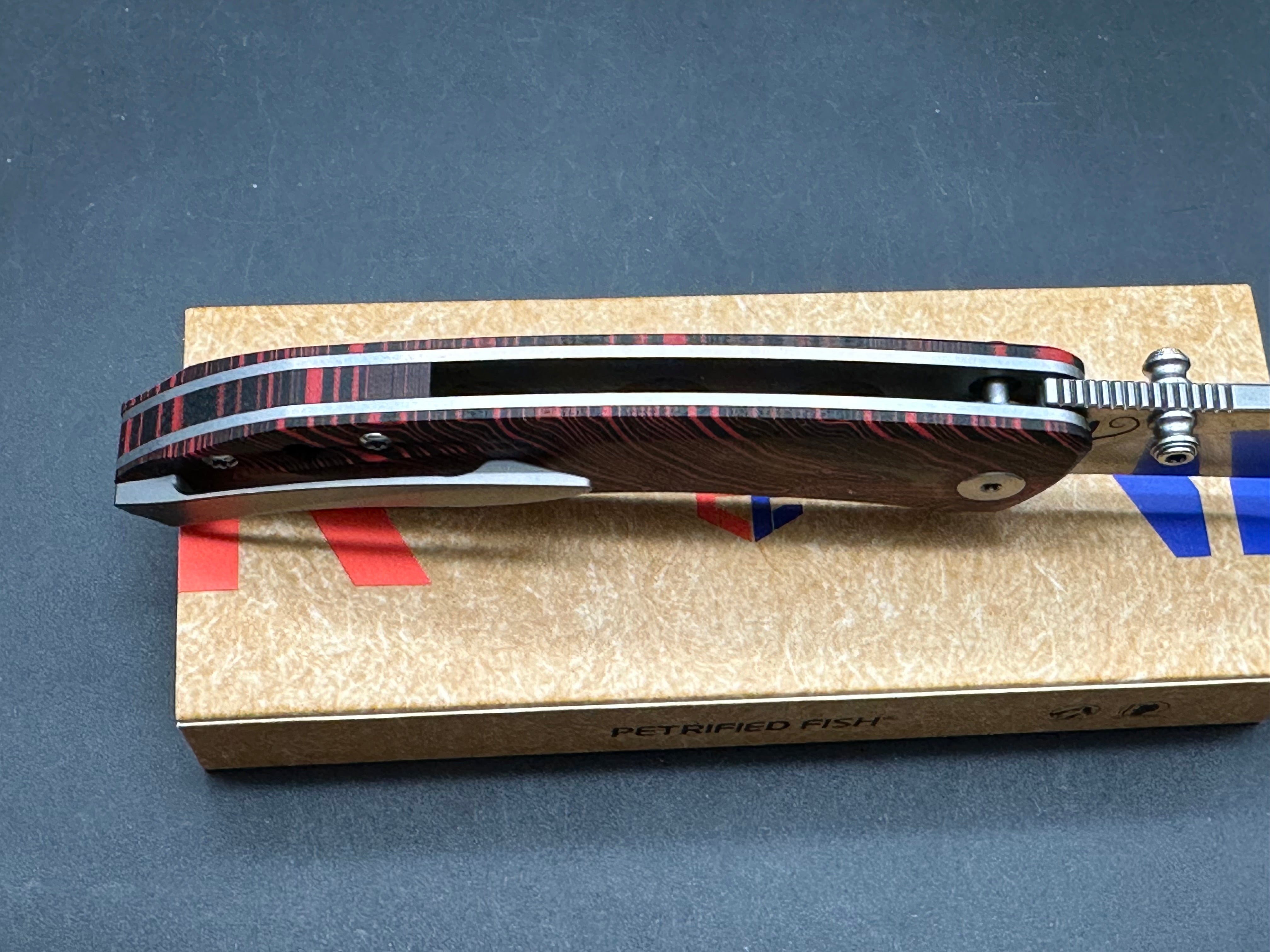 Petrified Fish PFE08 Grow 3.62" K110 Satin Blade Red G10 Handle Button Lock Folding knife