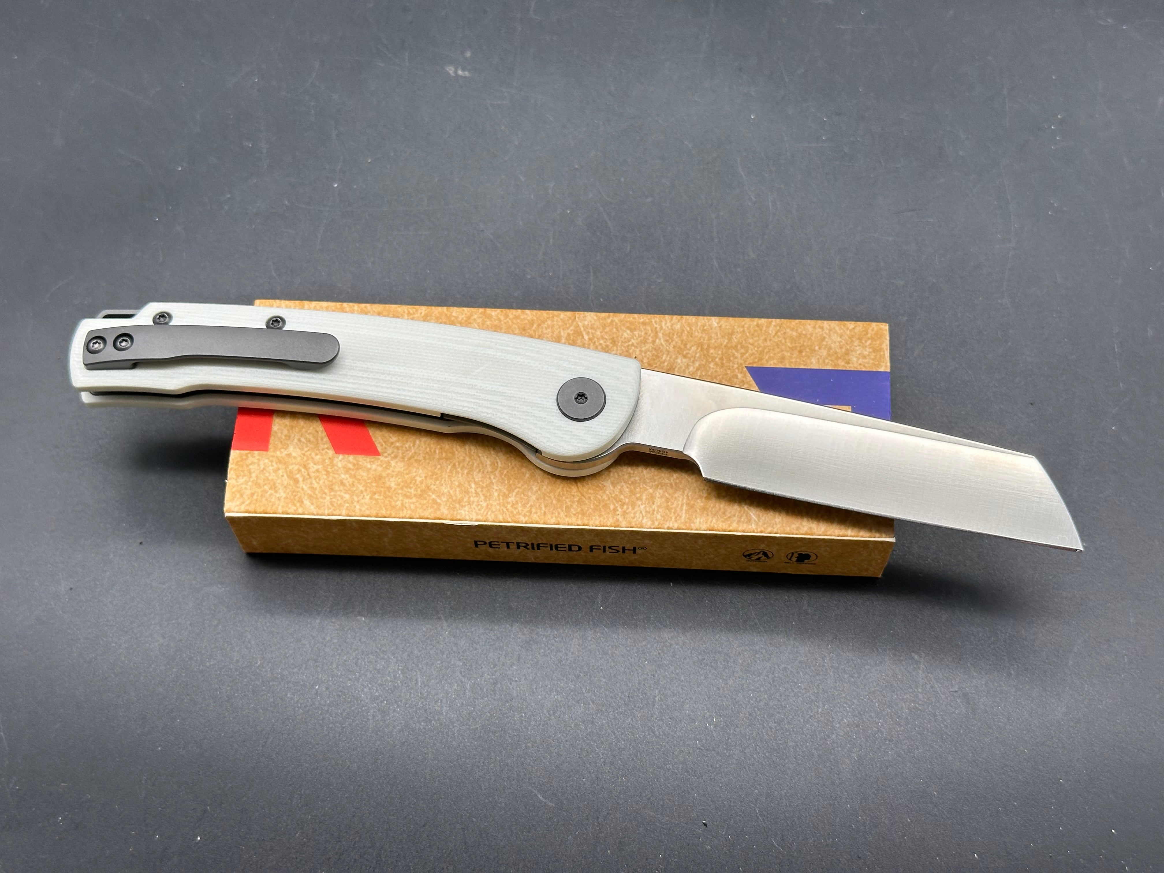 Petrified Fish PFE04 Scholar White G10  3.7" 154CM Satin Blade, Front Flipper
