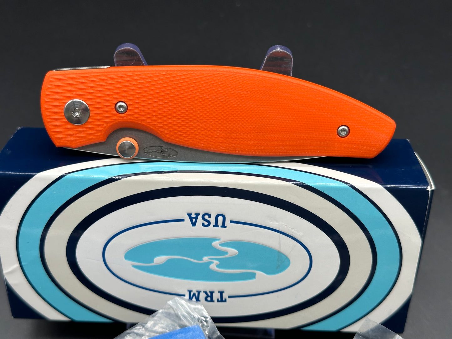 TRM Atom 3.5" 20CV Stonewash Blade with Orange G10 Lizard Scales, plus 2 extra scales