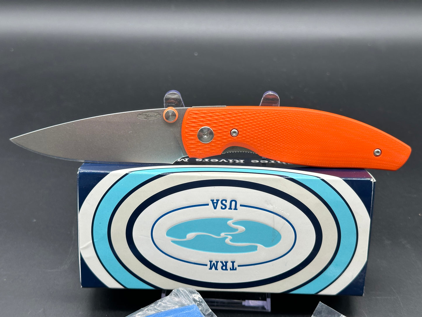 TRM Atom 3.5" 20CV Stonewash Blade with Orange G10 Lizard Scales, plus 2 extra scales