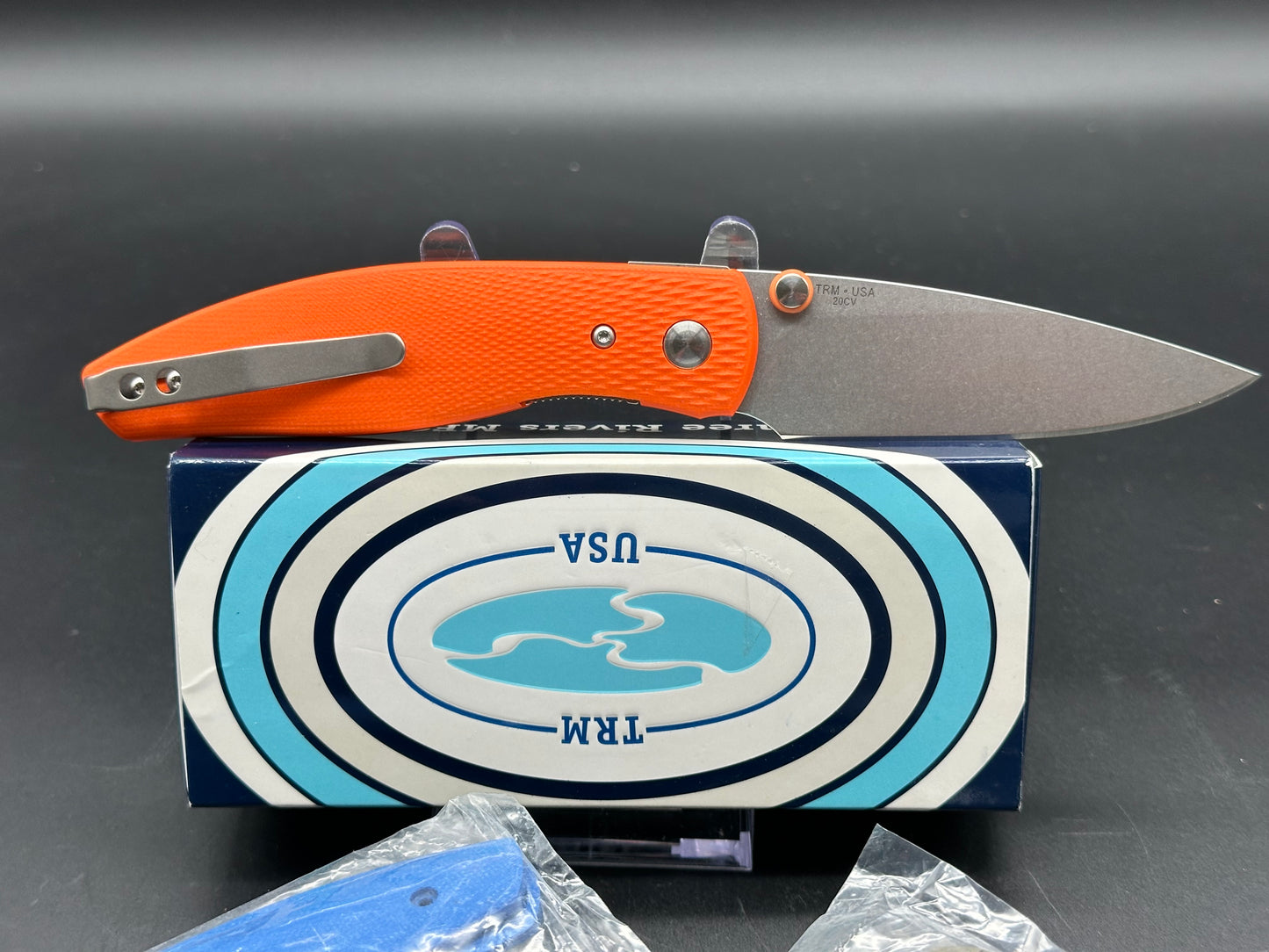 TRM Atom 3.5" 20CV Stonewash Blade with Orange G10 Lizard Scales, plus 2 extra scales