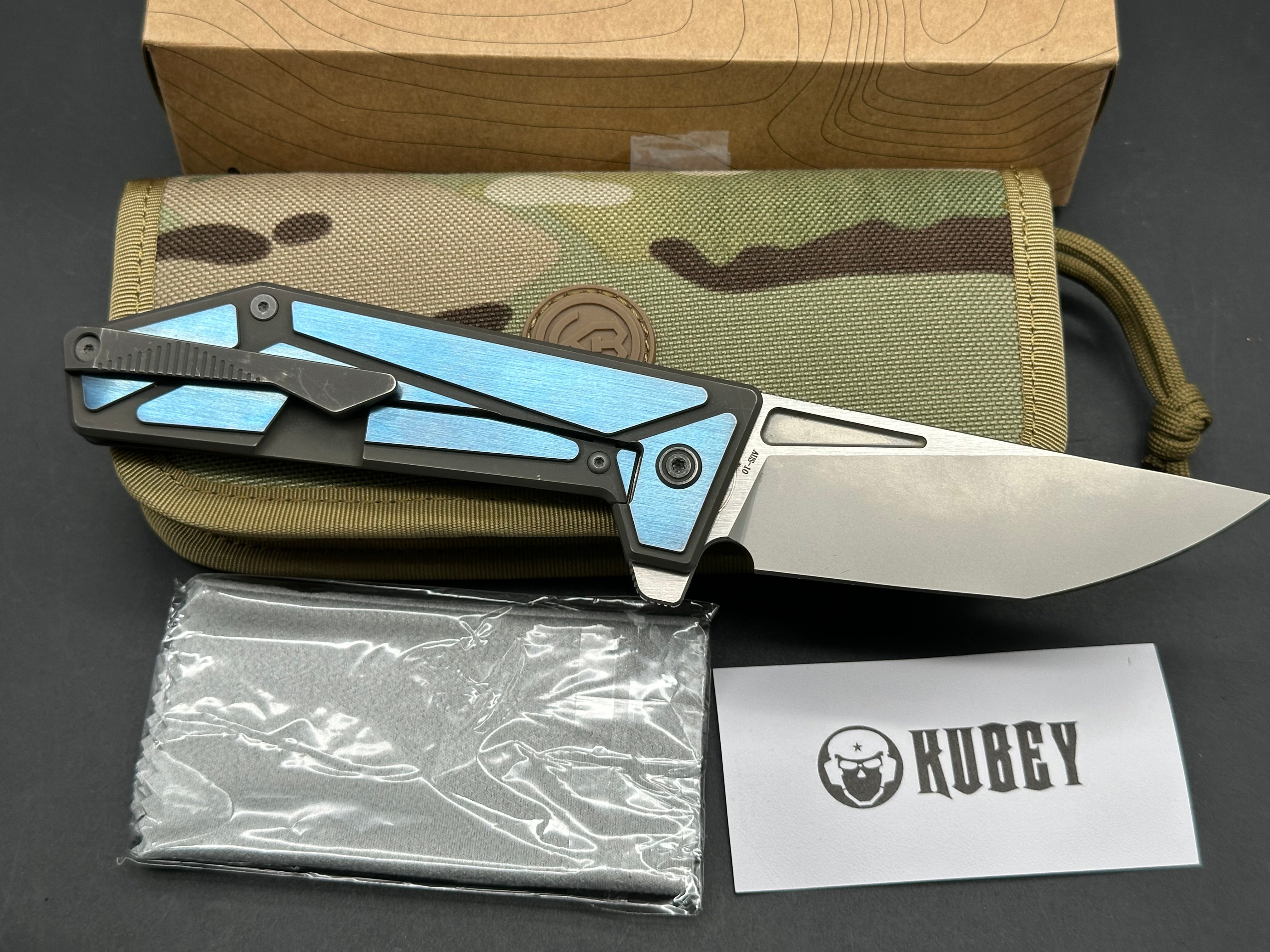 Kubey KB256E folding knife blue titanium AUS10 blade