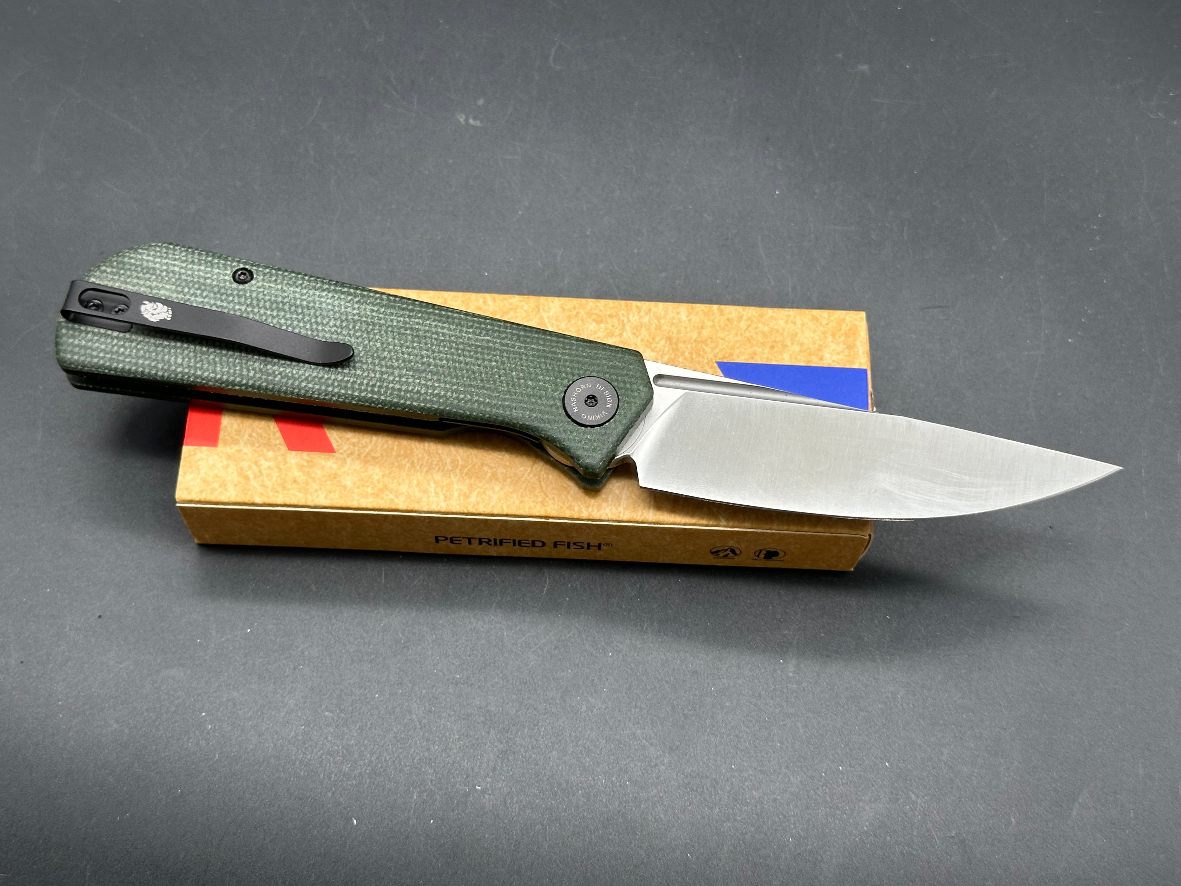 Petrified Fish PFP07 Viking 3.62" K110 Satin Blade Micarta Handle Front Flipper