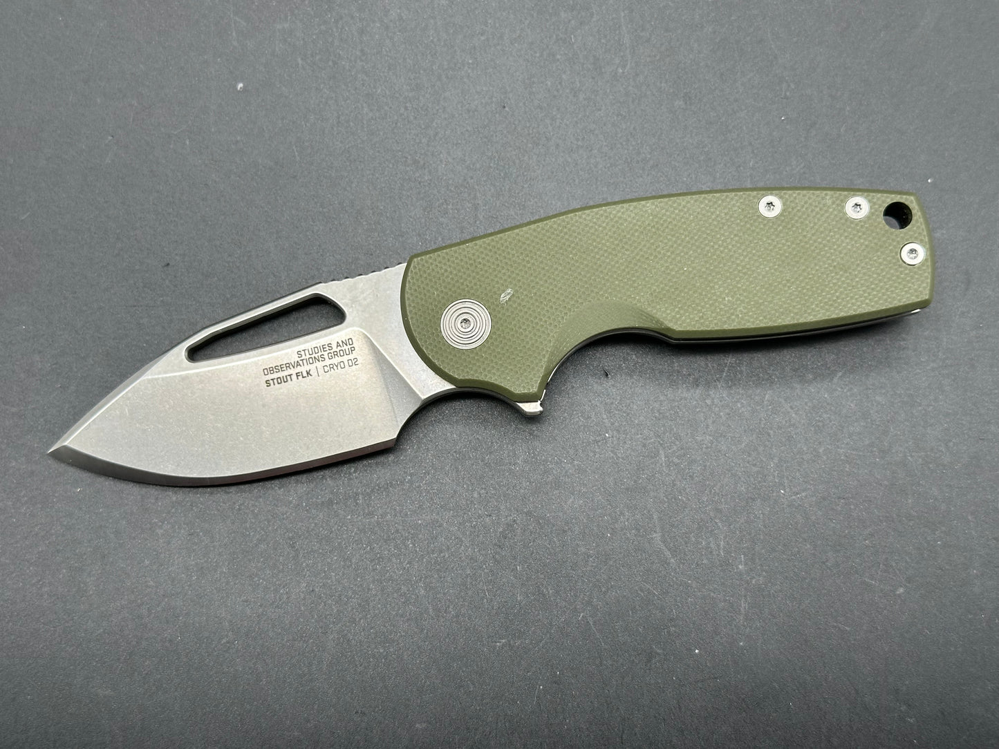 SOG Stout FLK, 2.62" Stonewash D2 Blade with OD Green G10/Steel Frame Lock Handle