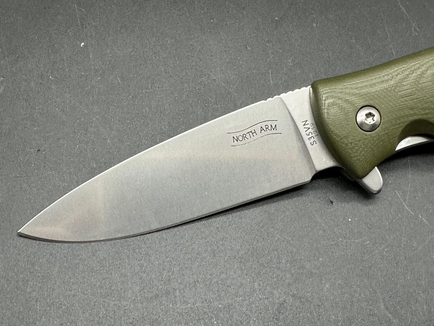 North Arm Skaha II, 3.3" S35VN Polished Stonewash Blade with OD Green G10 Handle (Serial #1259)