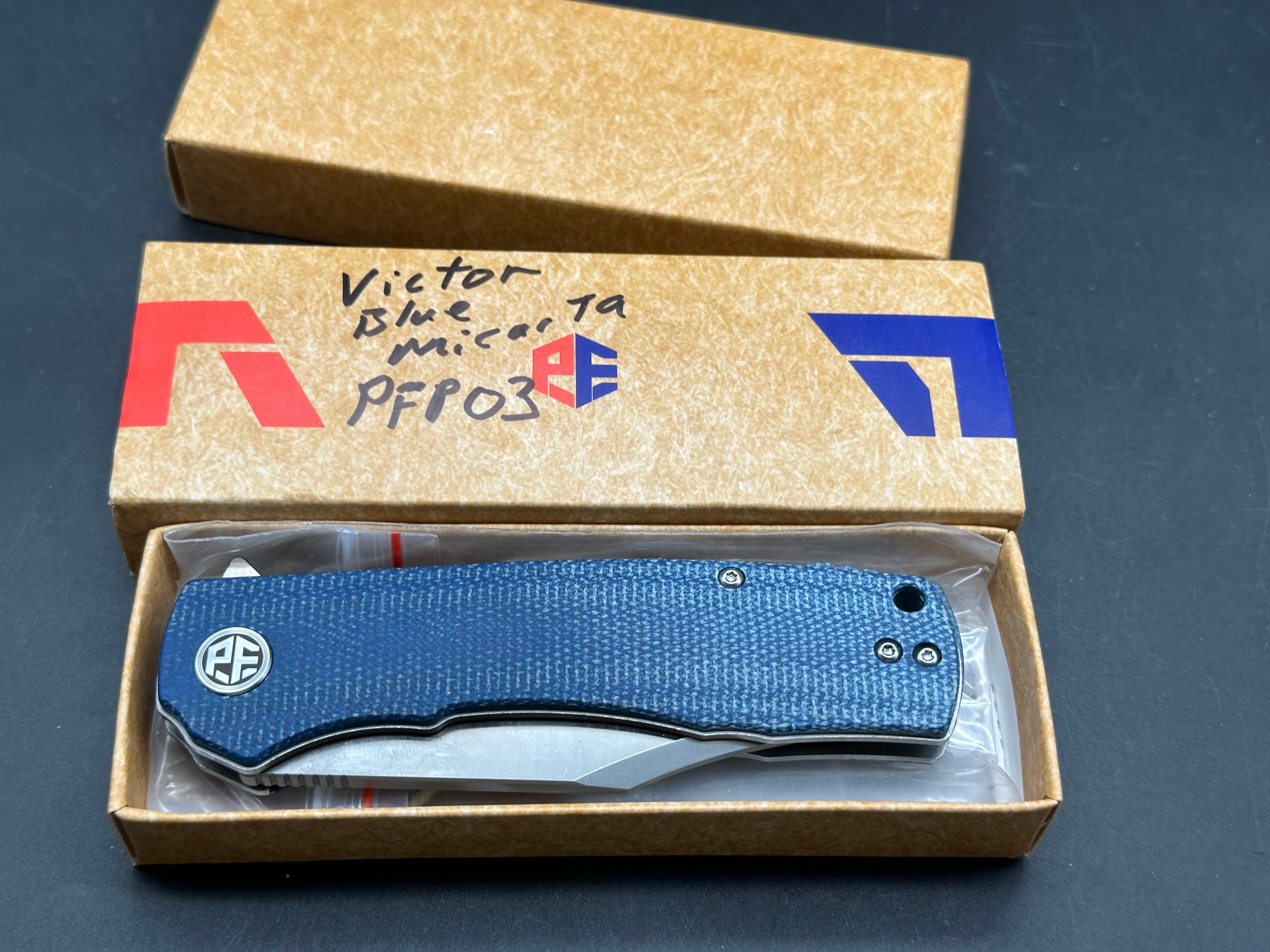 Petrified Fish PFP03 Victor 3.58" K110 Satin Blade Blue Micarta Handle Flipper